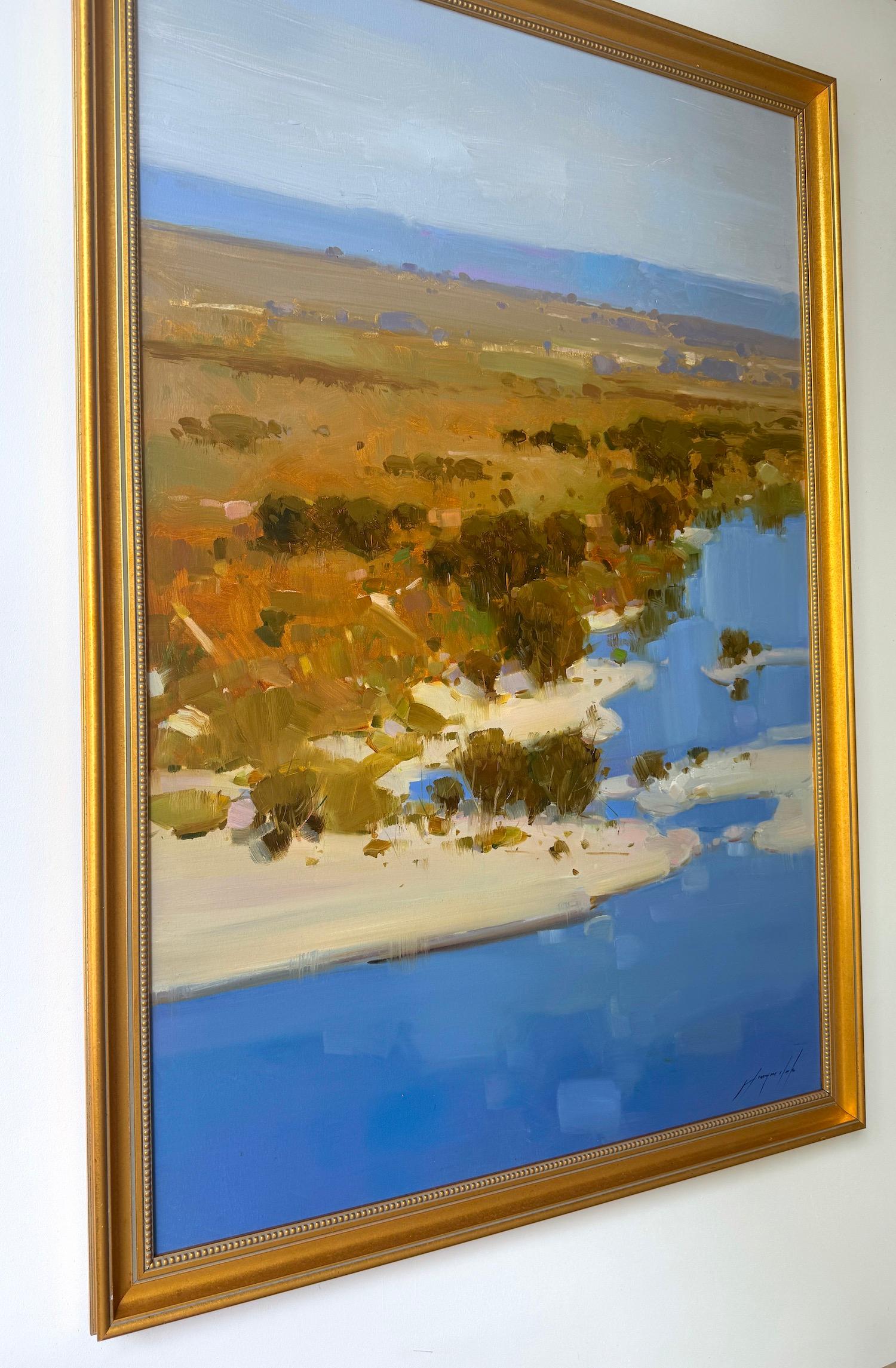 Riverside Landscape Impressionismus Original Ölgemälde hängefertig (Grau), Landscape Painting, von Vahe Yeremyan
