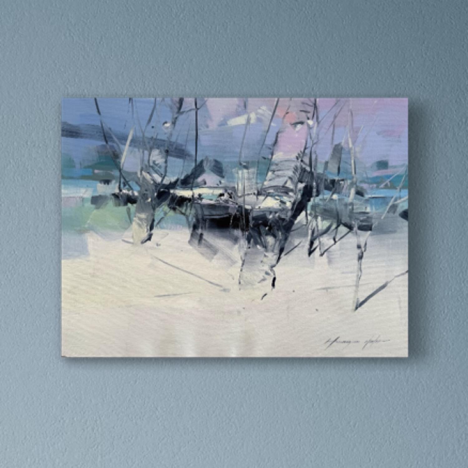 Rooted in Contrast Landscape Pittura ad olio originale, pronta da appendere - Landscape Painting Grigio di Vahe Yeremyan