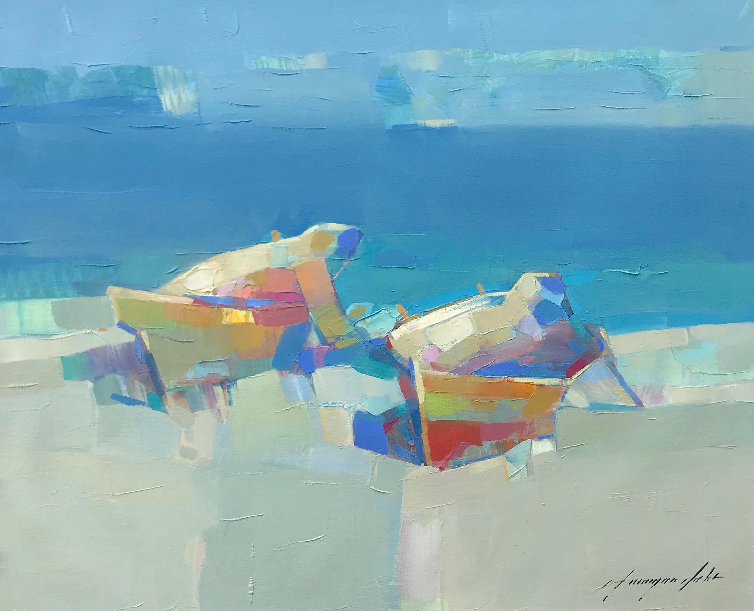 Vahe Yeremyan Landscape Painting - Rowboats, Original Oil Painting, Handmade artwork