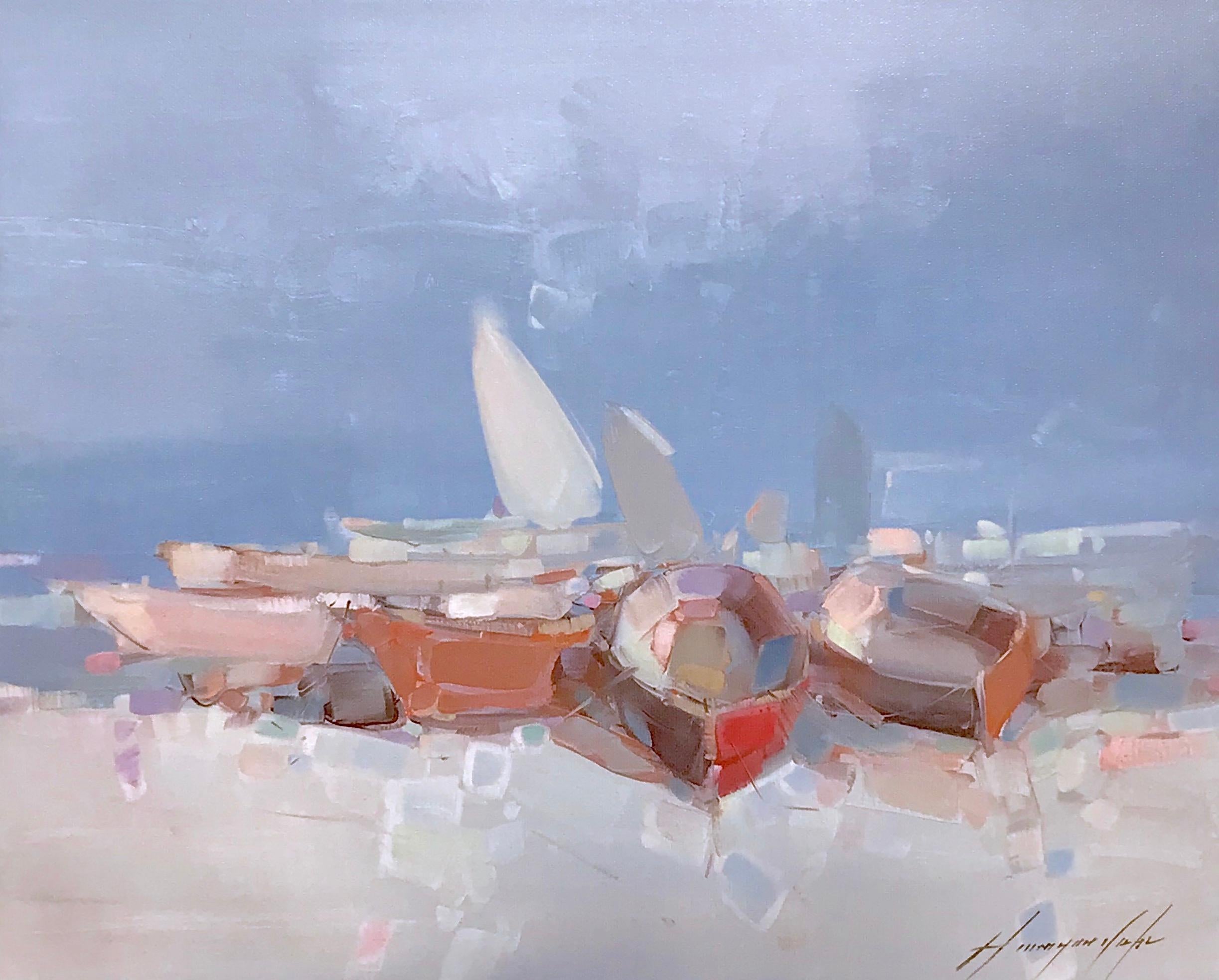 Vahe Yeremyan Landscape Painting - Rowboats, Print on Canvas