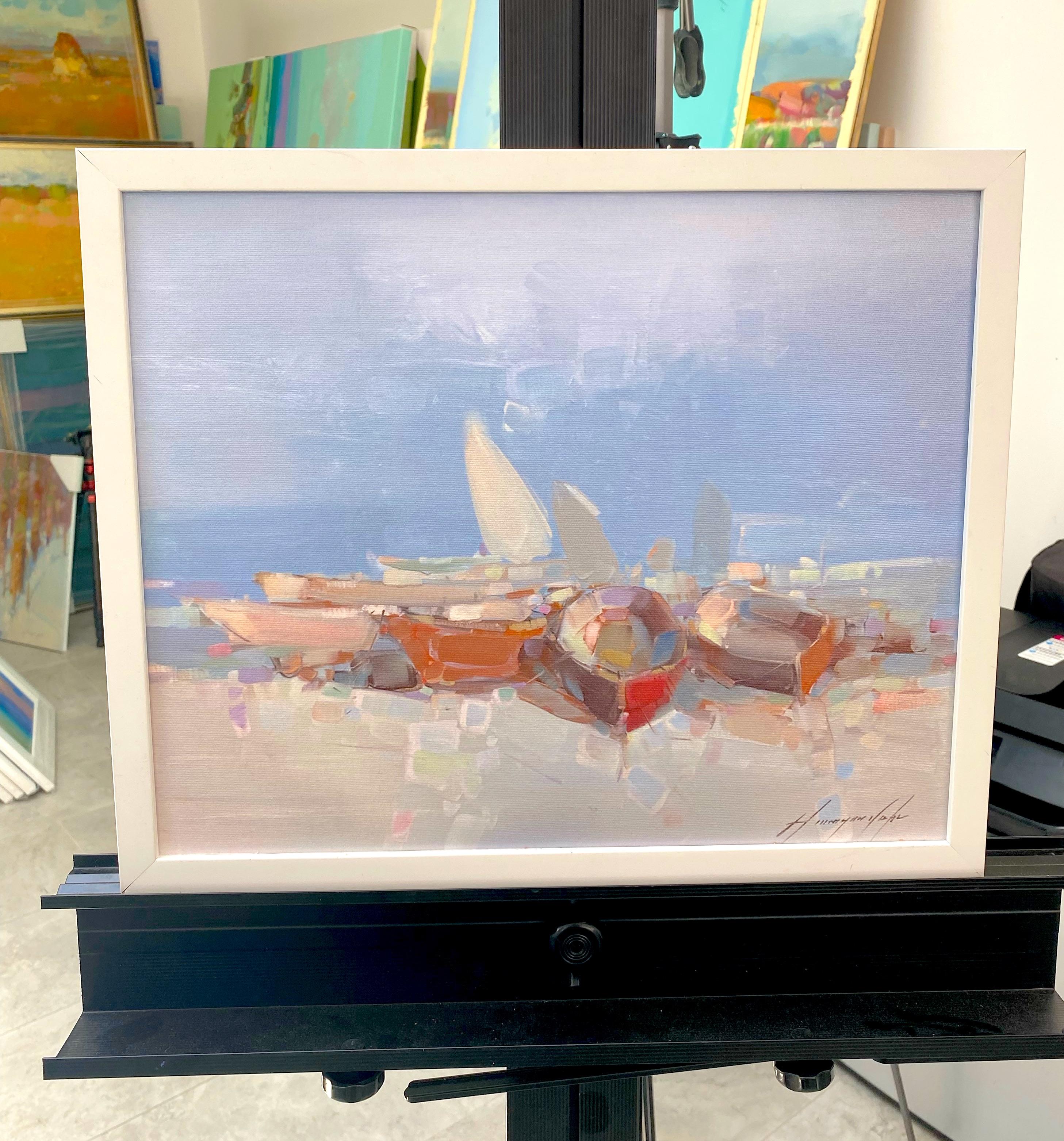 Rowboats, Print on Canvas, Framed - Purple Landscape Print by Vahe Yeremyan