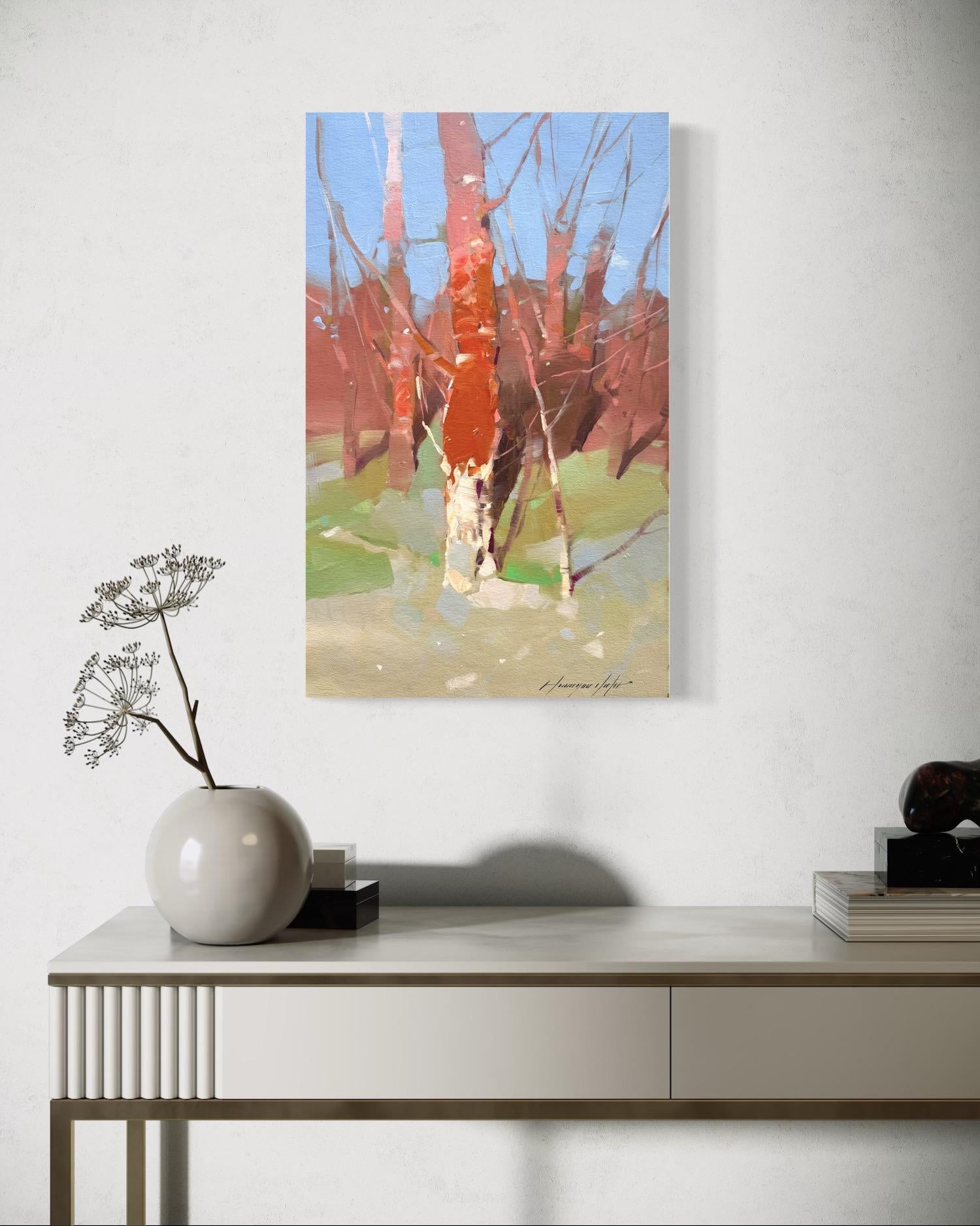 Rust and Gold Trees Impressionism Original oil Painting, Ready to Hang - Brown Landscape Painting by Vahe Yeremyan