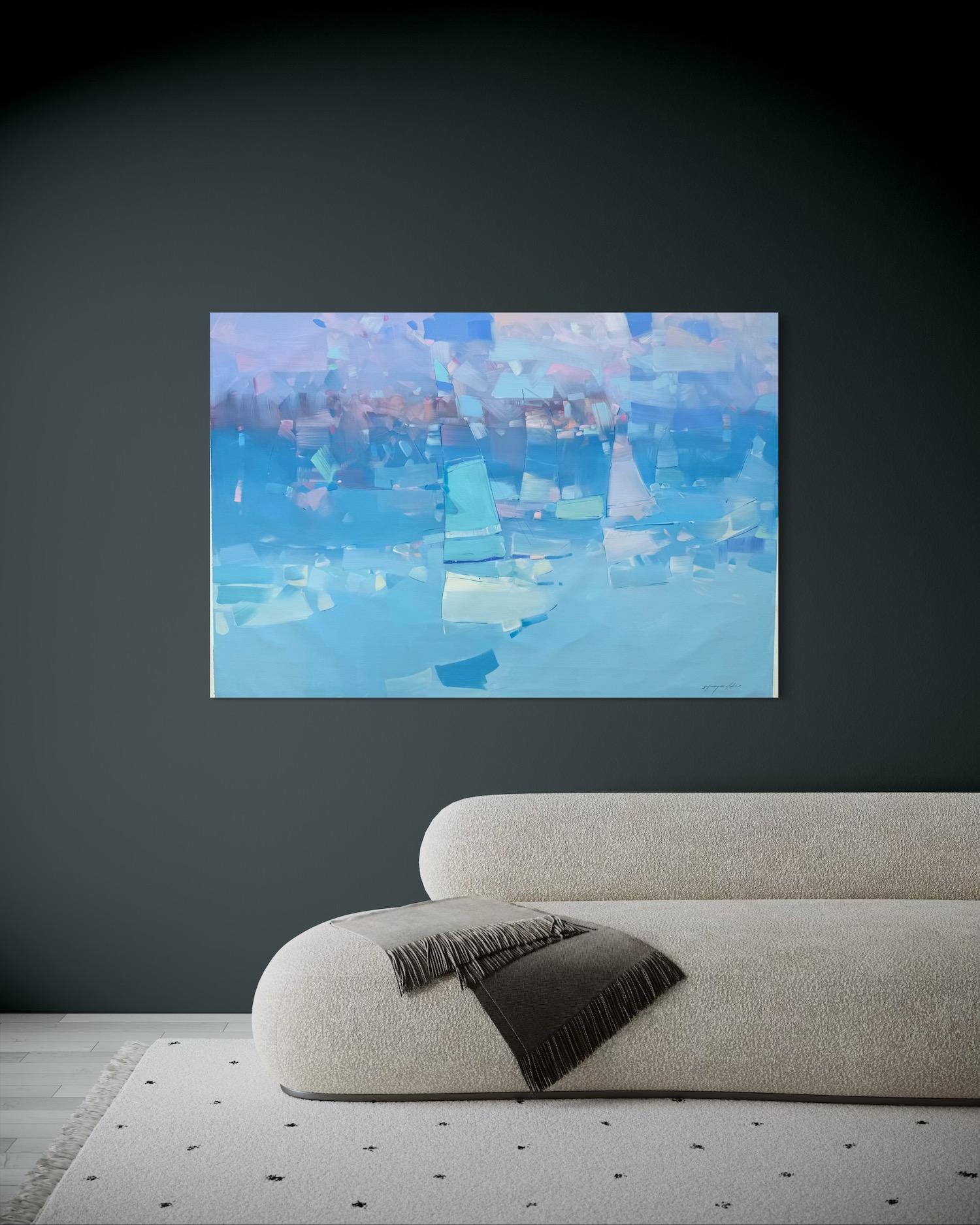 Sail Boats Abstract Original oil Painting, Ready to Hang - Blue Abstract Painting by Vahe Yeremyan