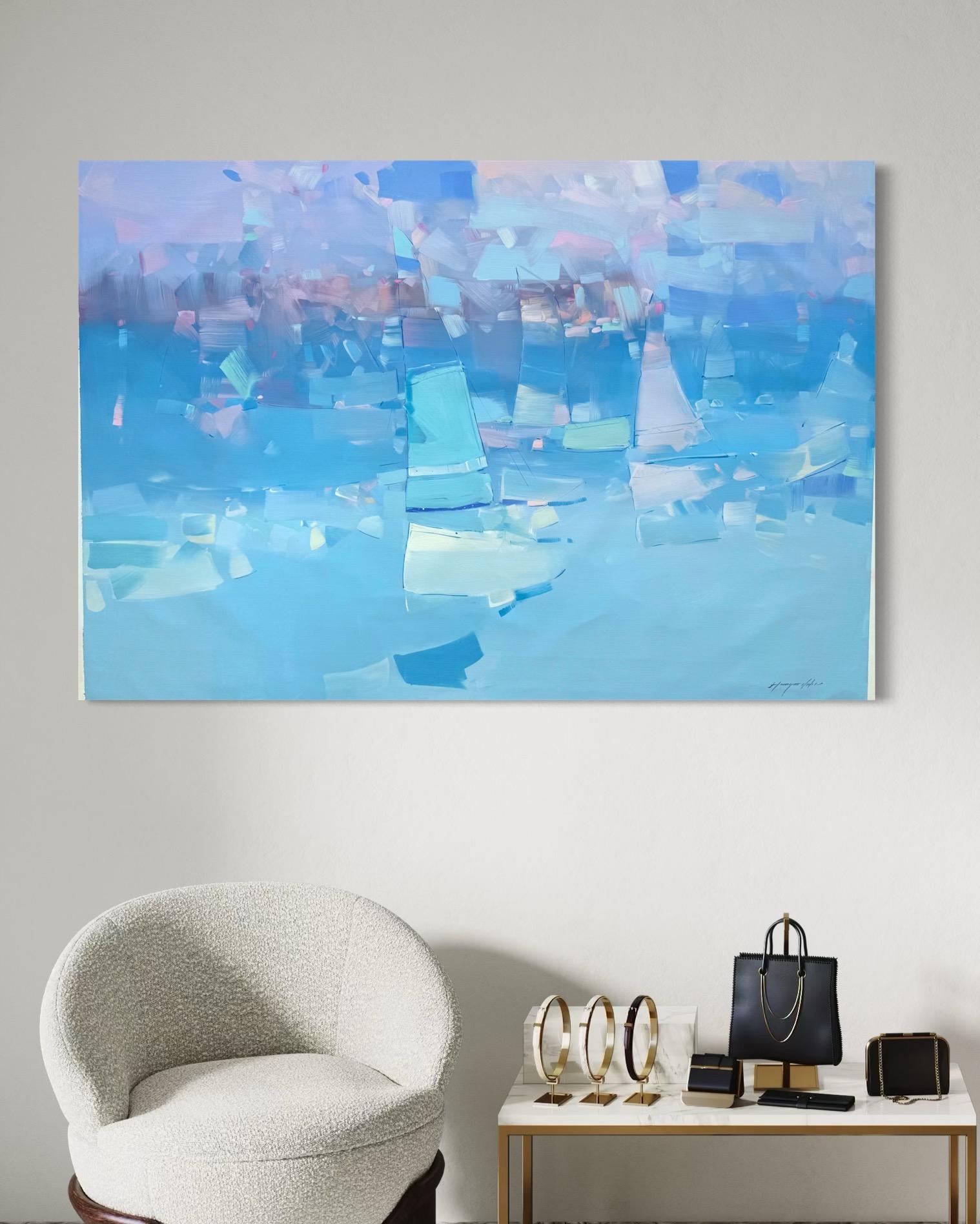 Sail Boats Abstract Original oil Painting, Ready to Hang For Sale 1