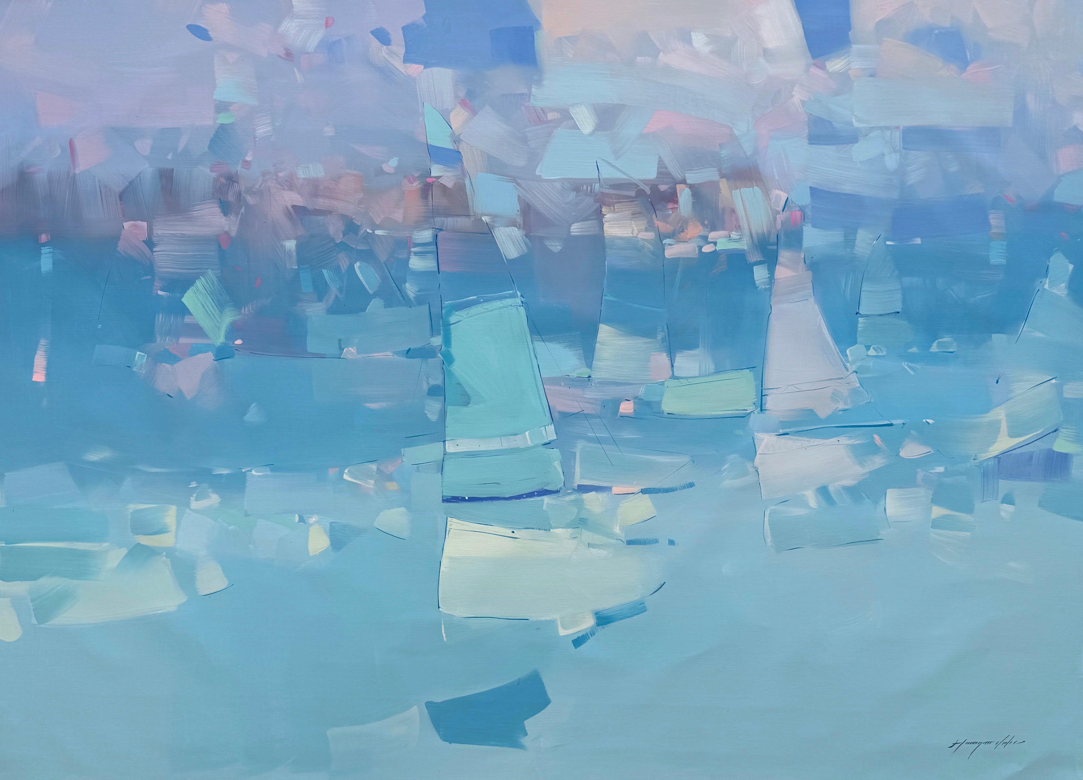 Vahe Yeremyan Abstract Painting - Sail Boats Abstract Original oil Painting, Ready to Hang
