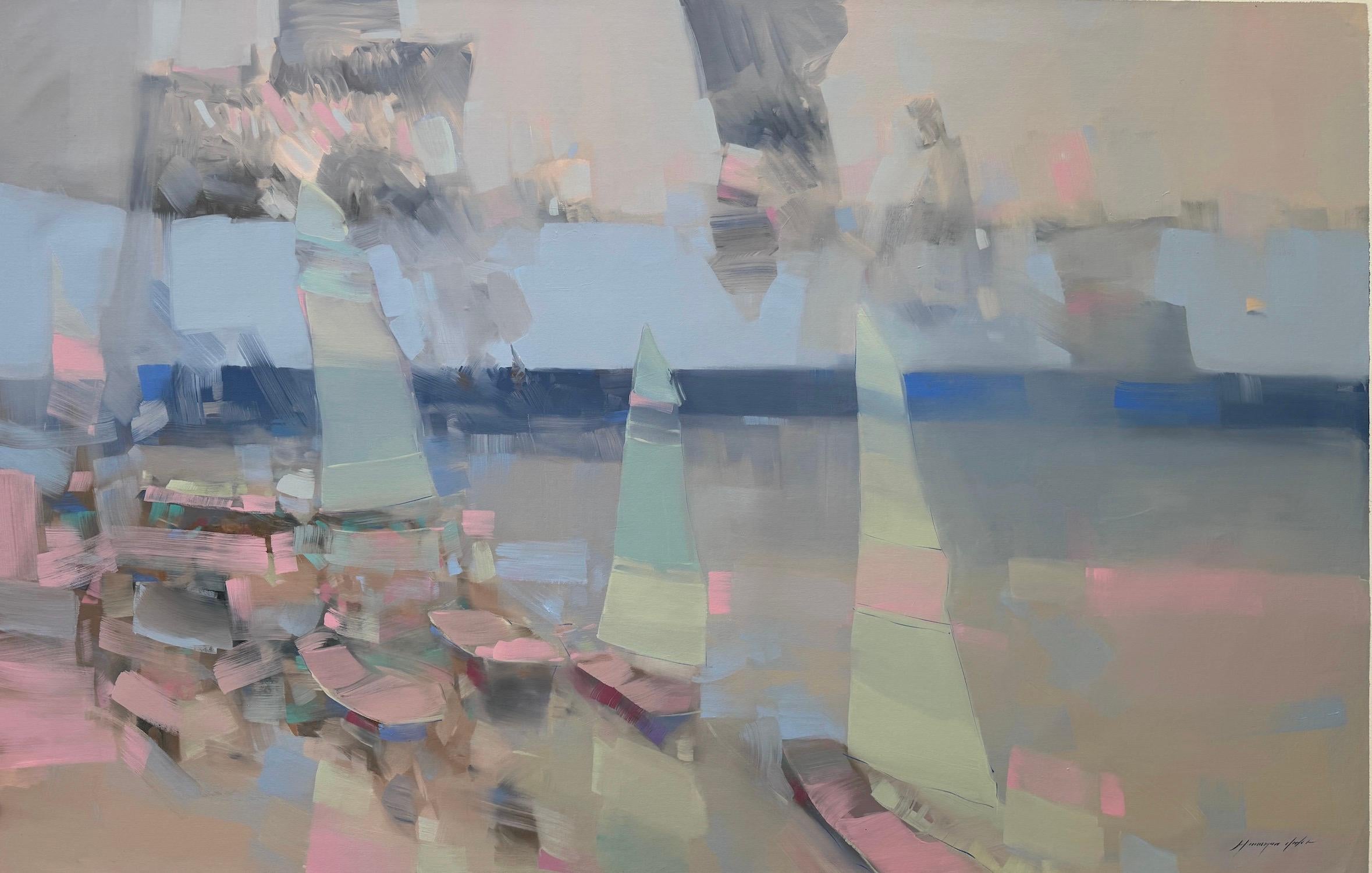 Vahe Yeremyan Landscape Painting – Segelboote Küste Zeitgenössische Kunst Original-Ölgemälde, fertig zum Aufhängen