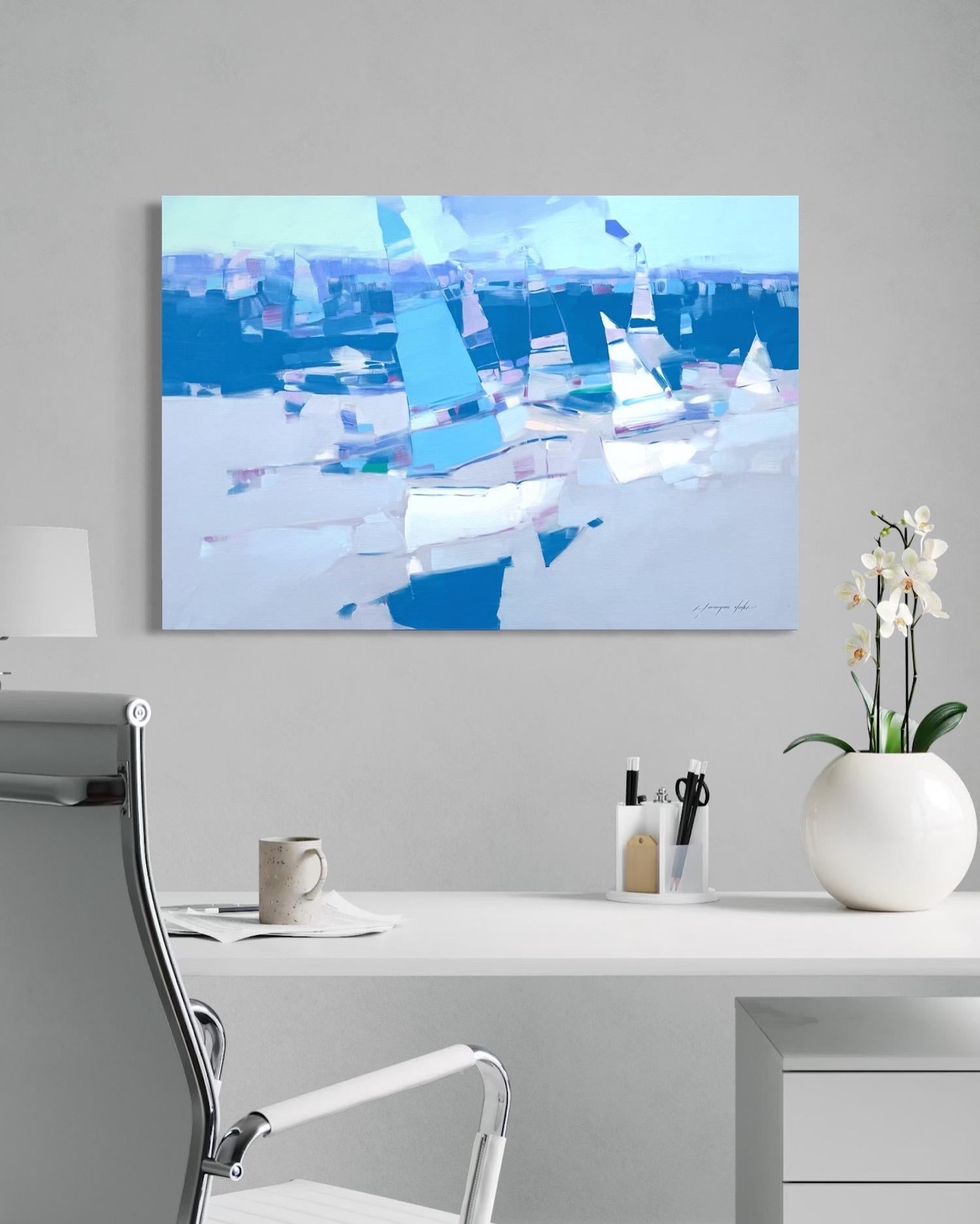 Segelboote Küste Zeitgenössische Original-Ölgemälde hängereif (Blau), Landscape Painting, von Vahe Yeremyan
