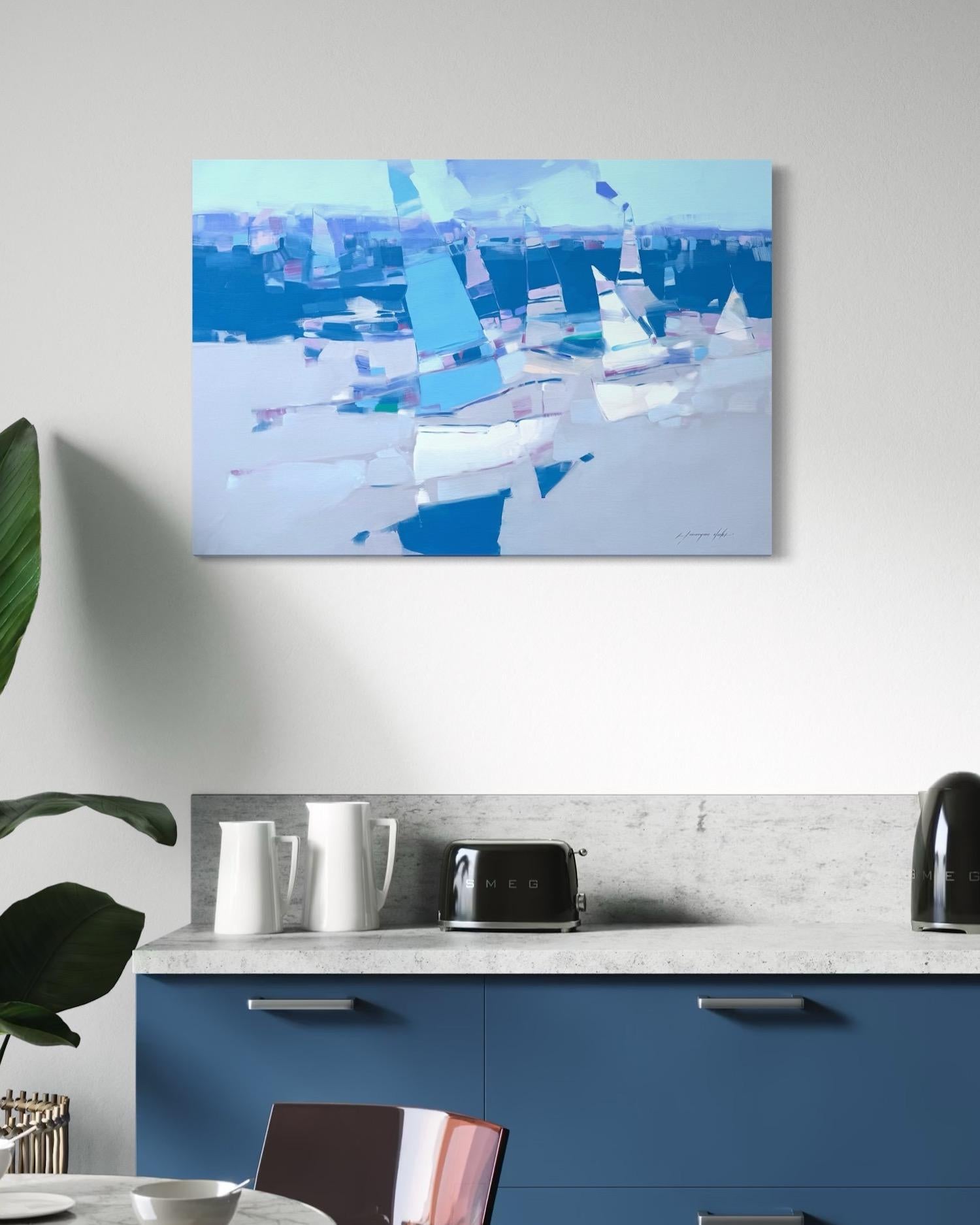 Segelboote Küste Zeitgenössische Original-Ölgemälde hängereif im Angebot 1
