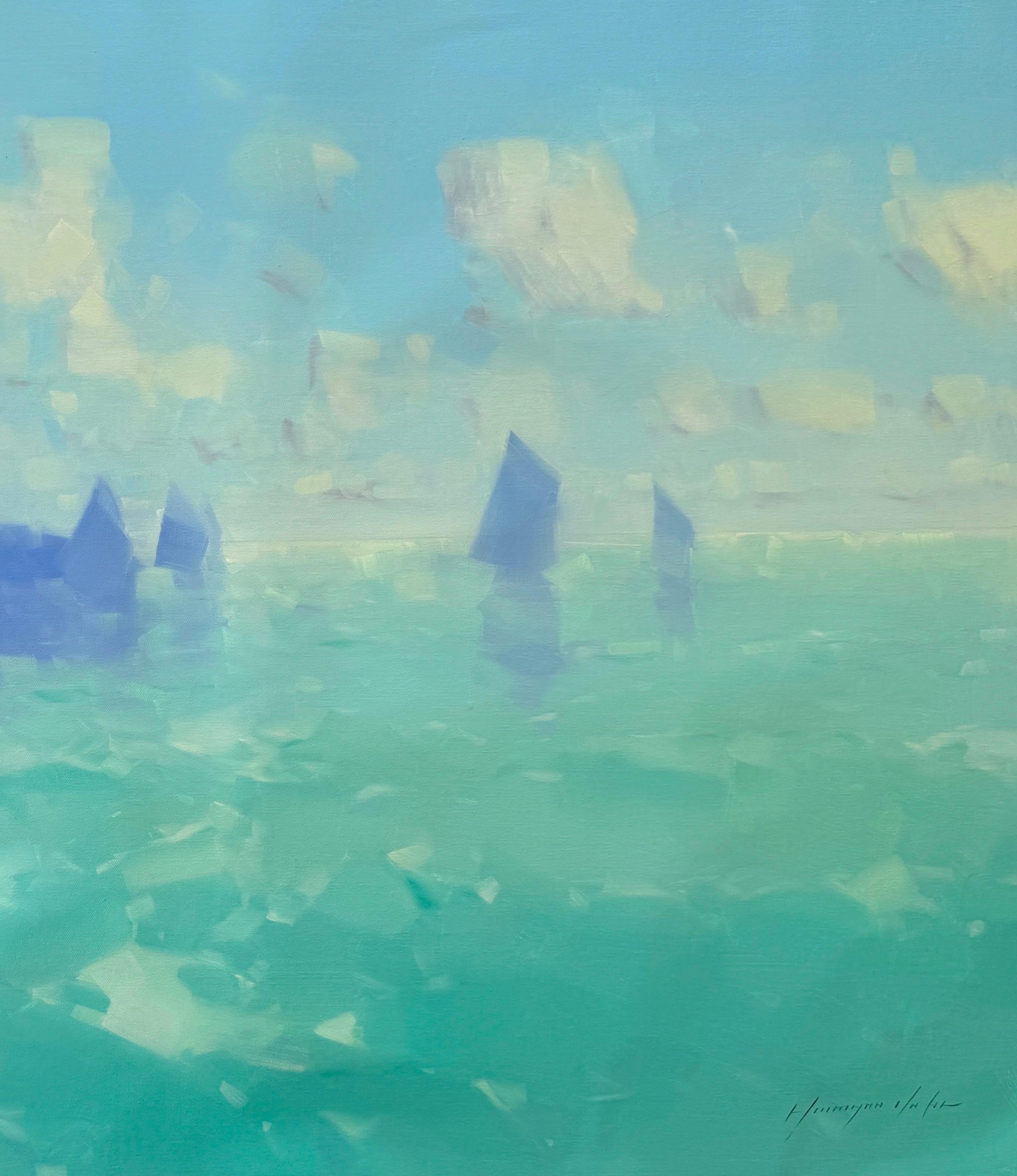 Barche a vela, Impressionismo Pittura ad olio originale, pronta da appendere - Landscape Painting Blu di Vahe Yeremyan