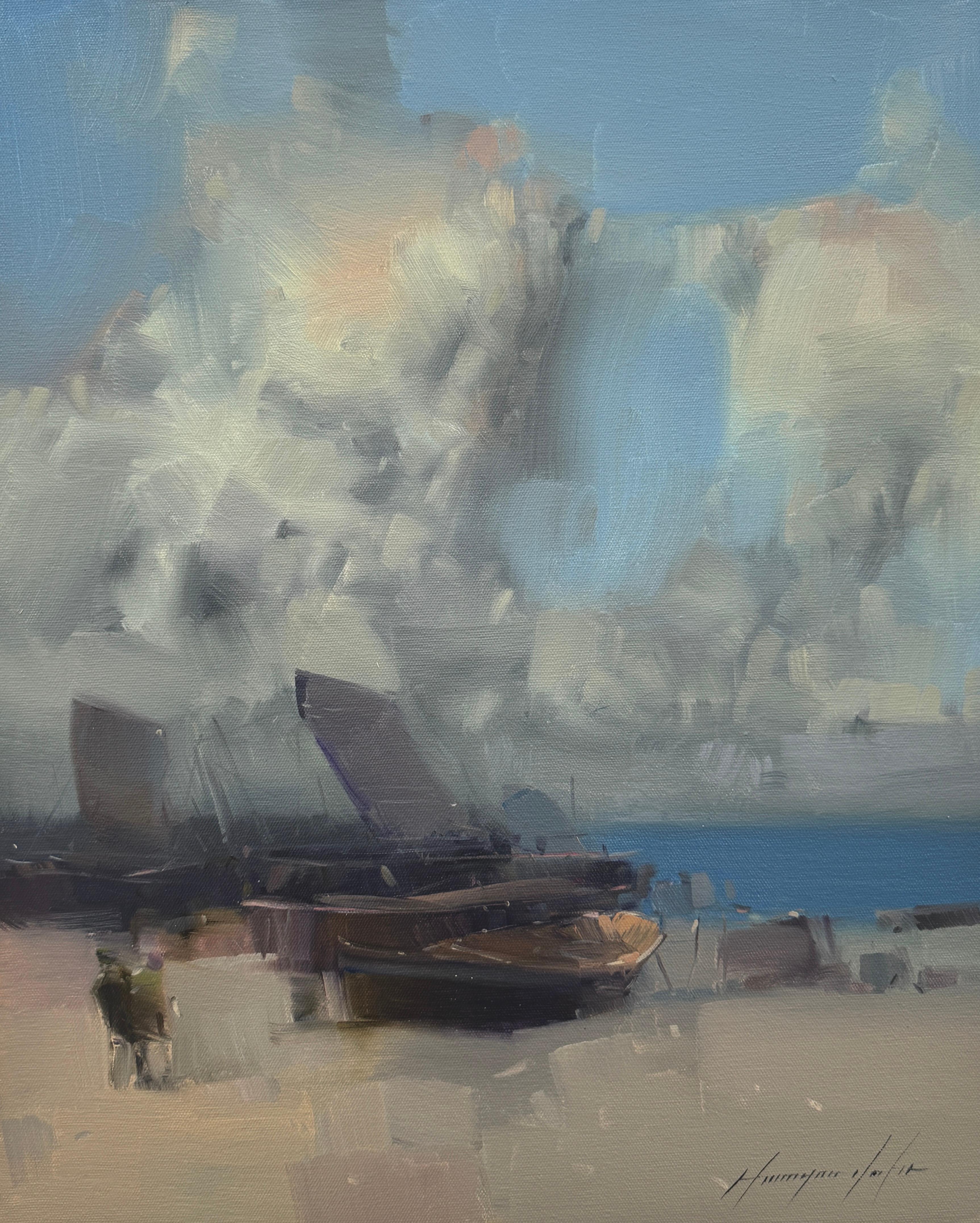 Landscape Painting di Vahe Yeremyan - Barche a vela, Impressionismo Pittura ad olio originale, pronta da appendere