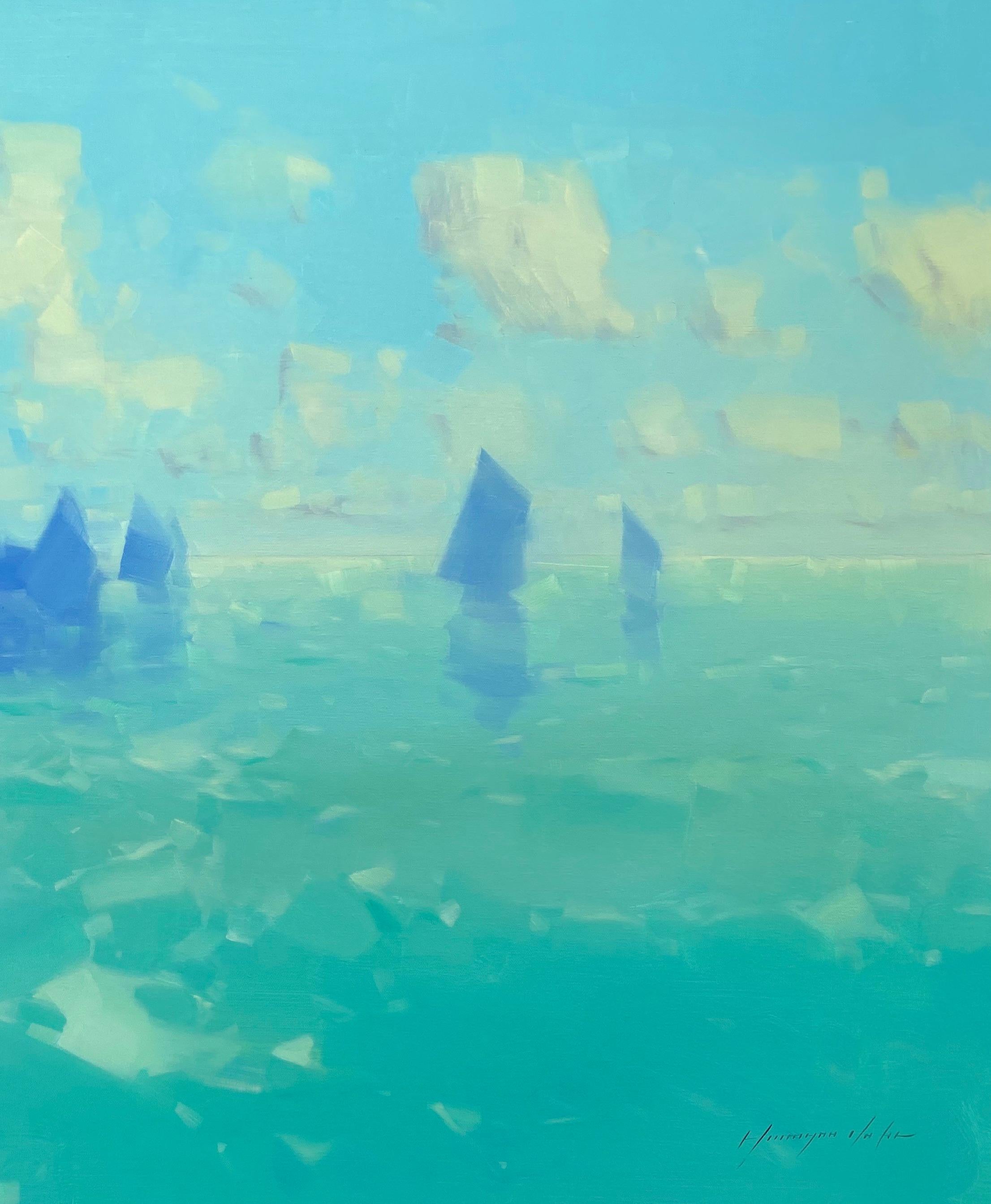 <p>Artist Comments<br />Sailboats glide over crystalline waters towards where the ocean and horizon meet. Rendered with a palette knife, artist Vahe Yeremyan depicts a breathtaking view of a cool misty morning in various shades of turquoise and