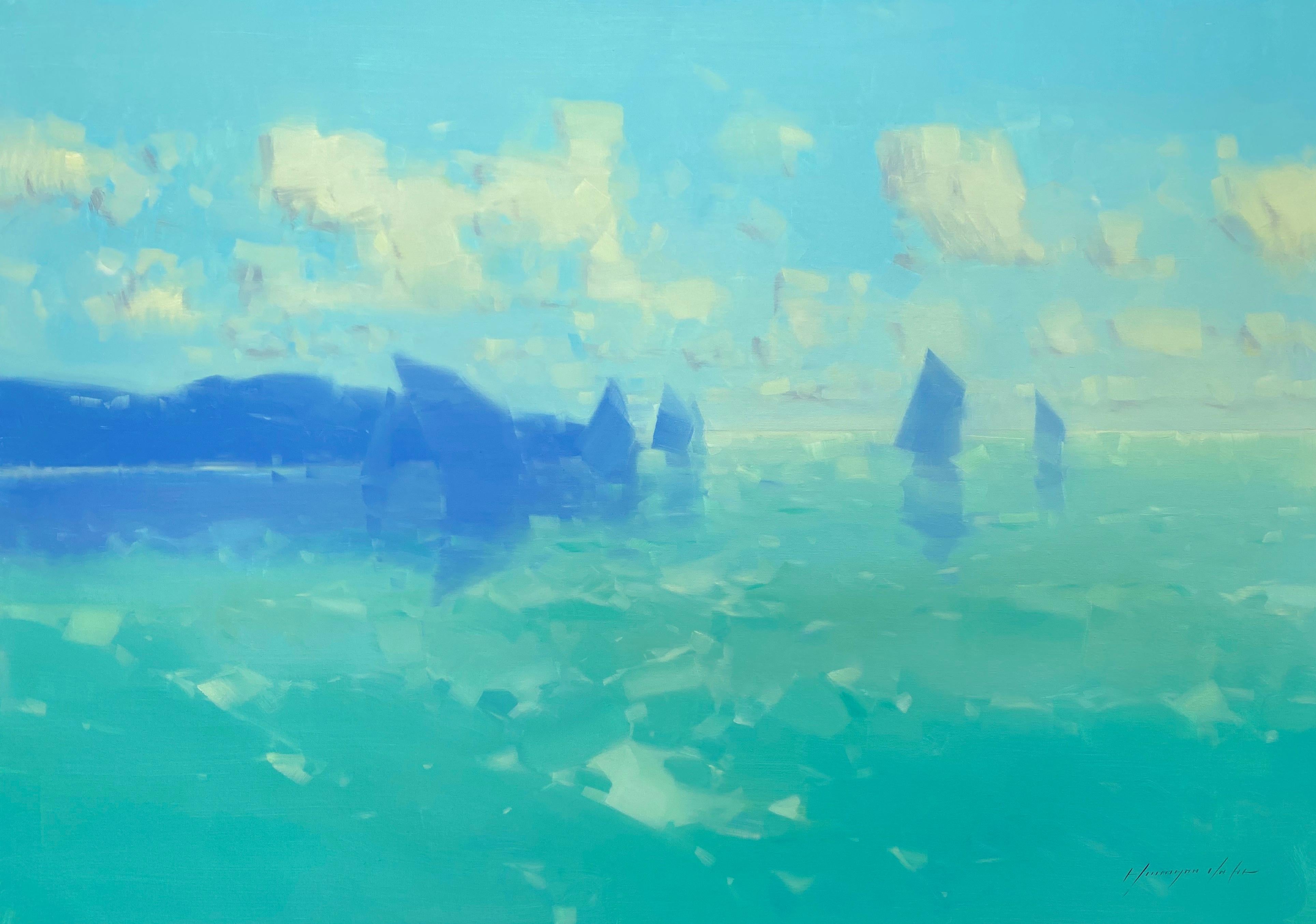 Vahe Yeremyan Abstract Painting – Segelboote in Kobalt, abstraktes Ölgemälde