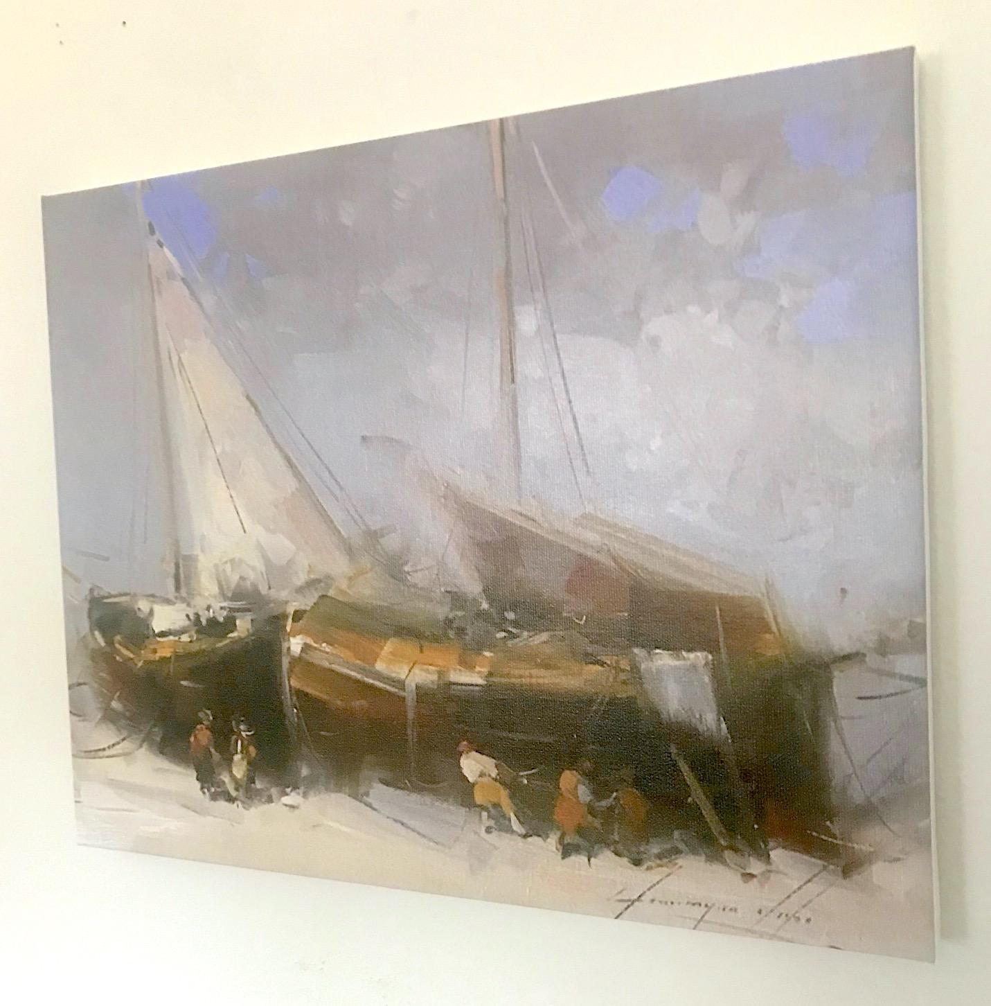 Sail Boats, Print on Canvas - Gray Landscape Painting by Vahe Yeremyan