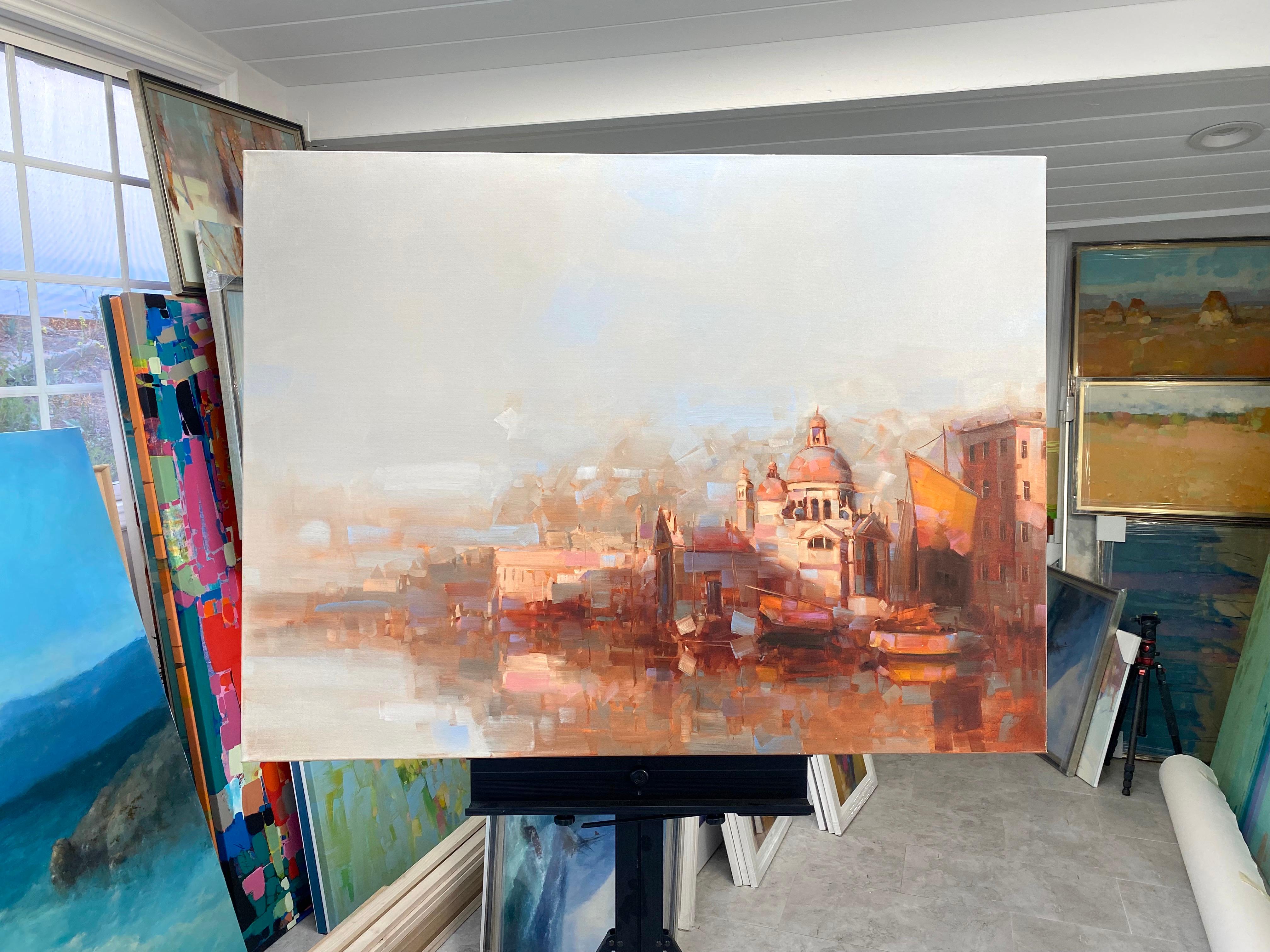 Santa Maria della Salute, Cityscape Venice Original oil Painting, Ready to Hang - Beige Landscape Painting by Vahe Yeremyan