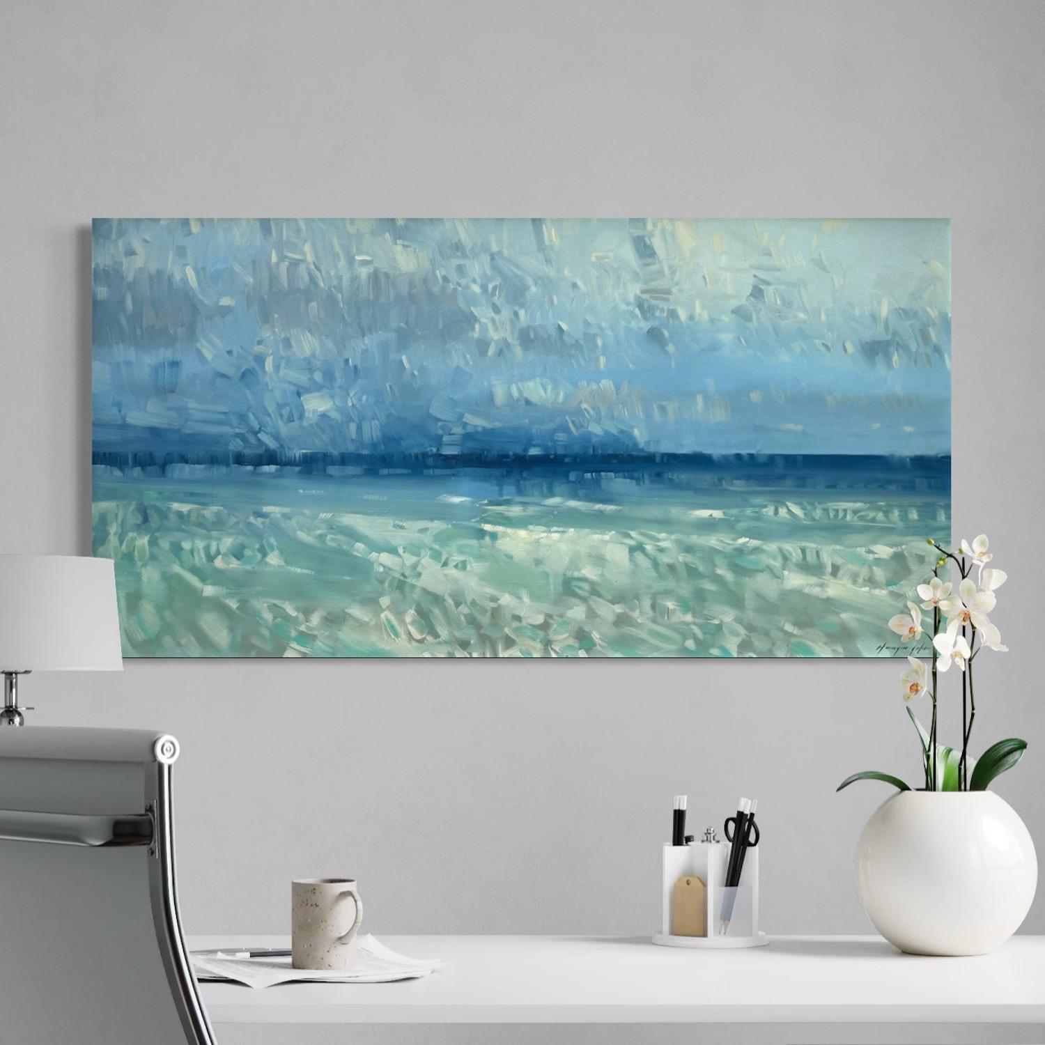 Meereslandschaft Impressionismus Originalgemälde zum Aufhängen (Blau), Landscape Painting, von Vahe Yeremyan