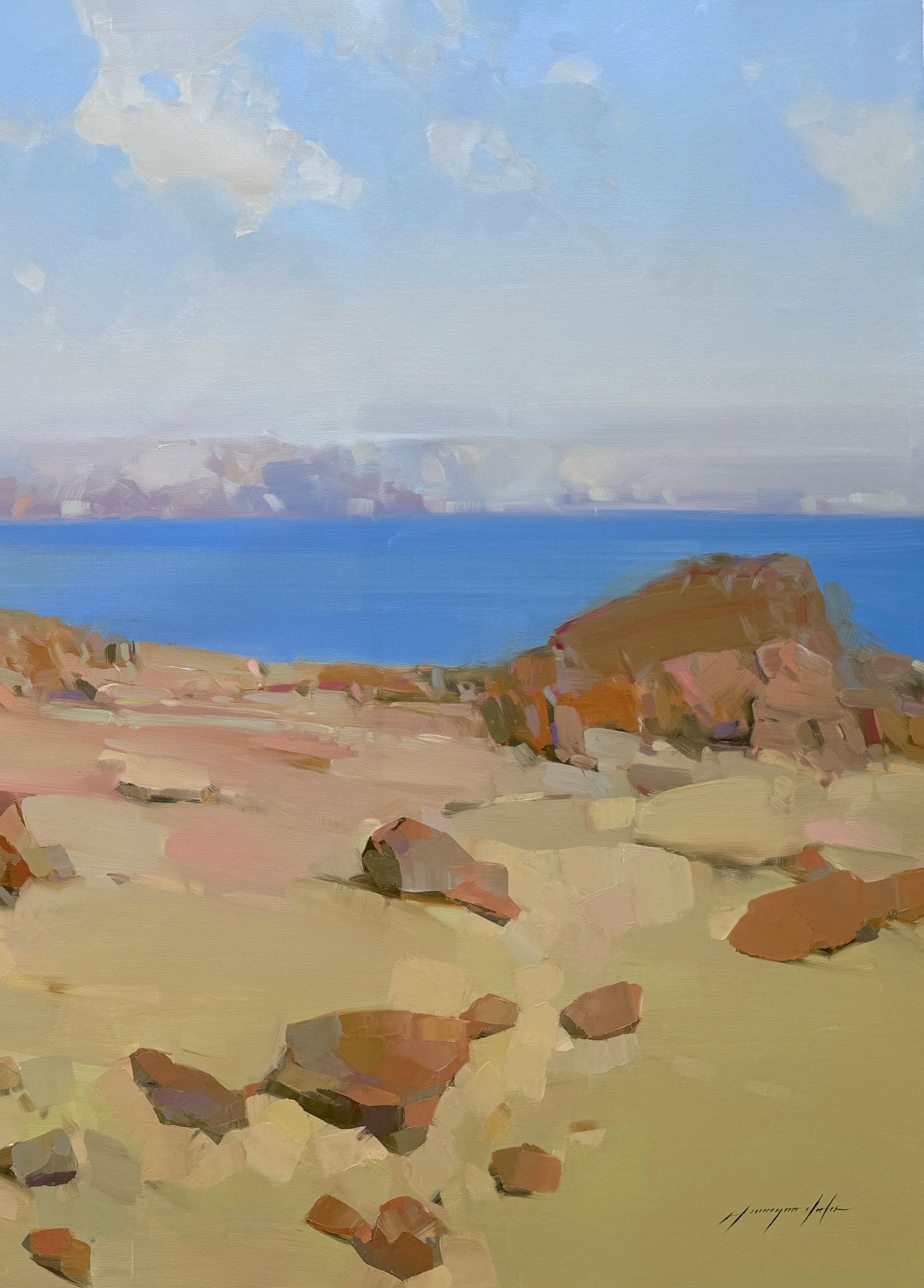 Spiaggia, Impressionismo Pittura ad olio originale, pronta per essere appesa - Landscape Painting Marrone di Vahe Yeremyan