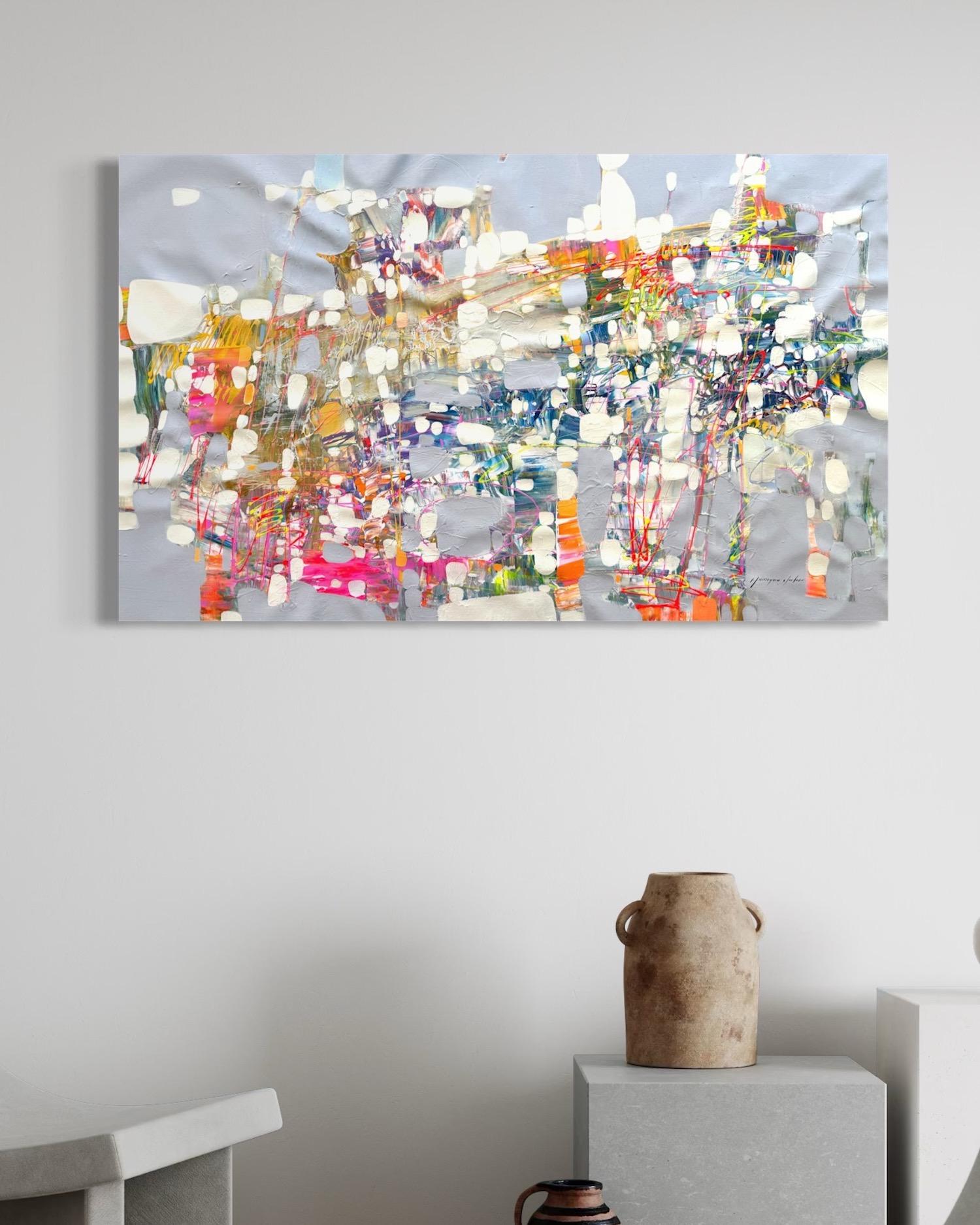Silber Serenity Abstraktes Original Ölgemälde, modernes Interieur, hängefertig (Beige), Landscape Painting, von Vahe Yeremyan