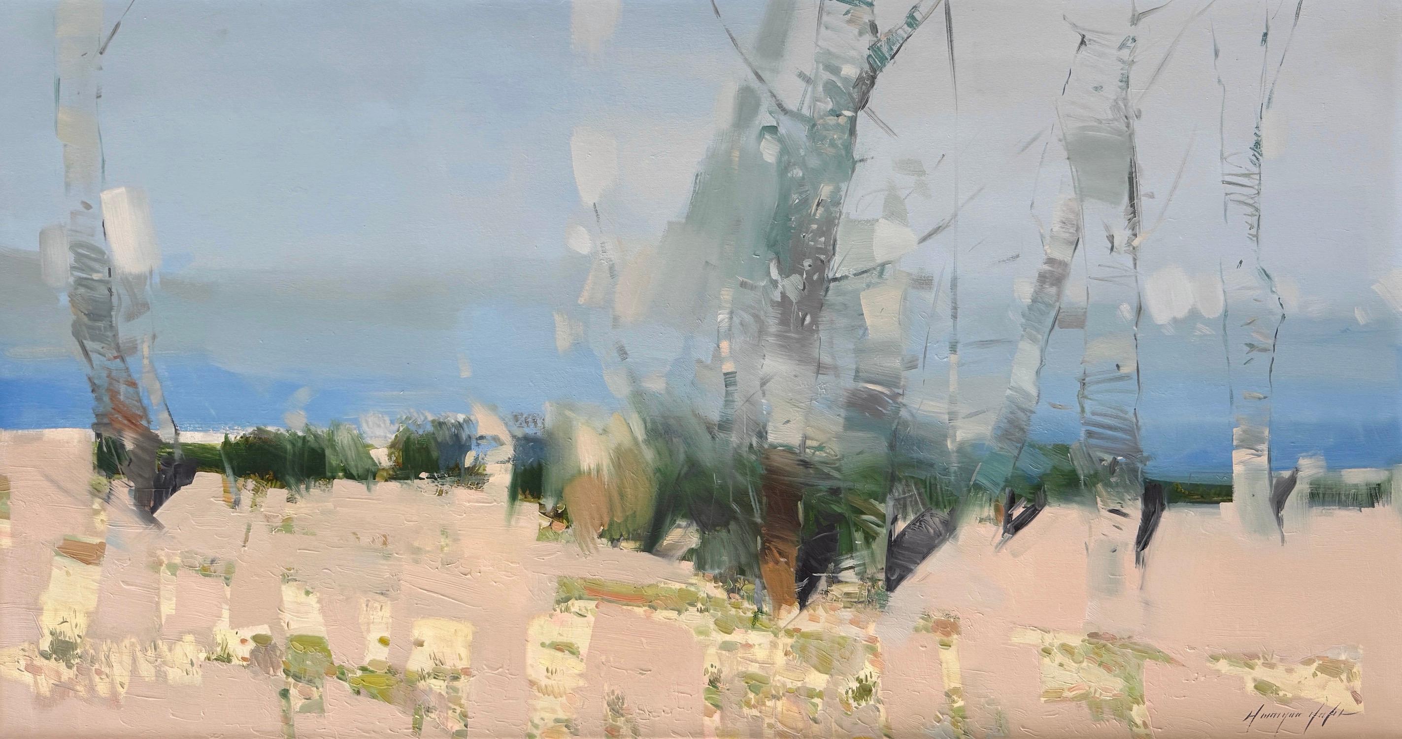 Himmel Bäume Landschaft Impressionismus Original Ölgemälde, hängefertig (Grau), Landscape Painting, von Vahe Yeremyan