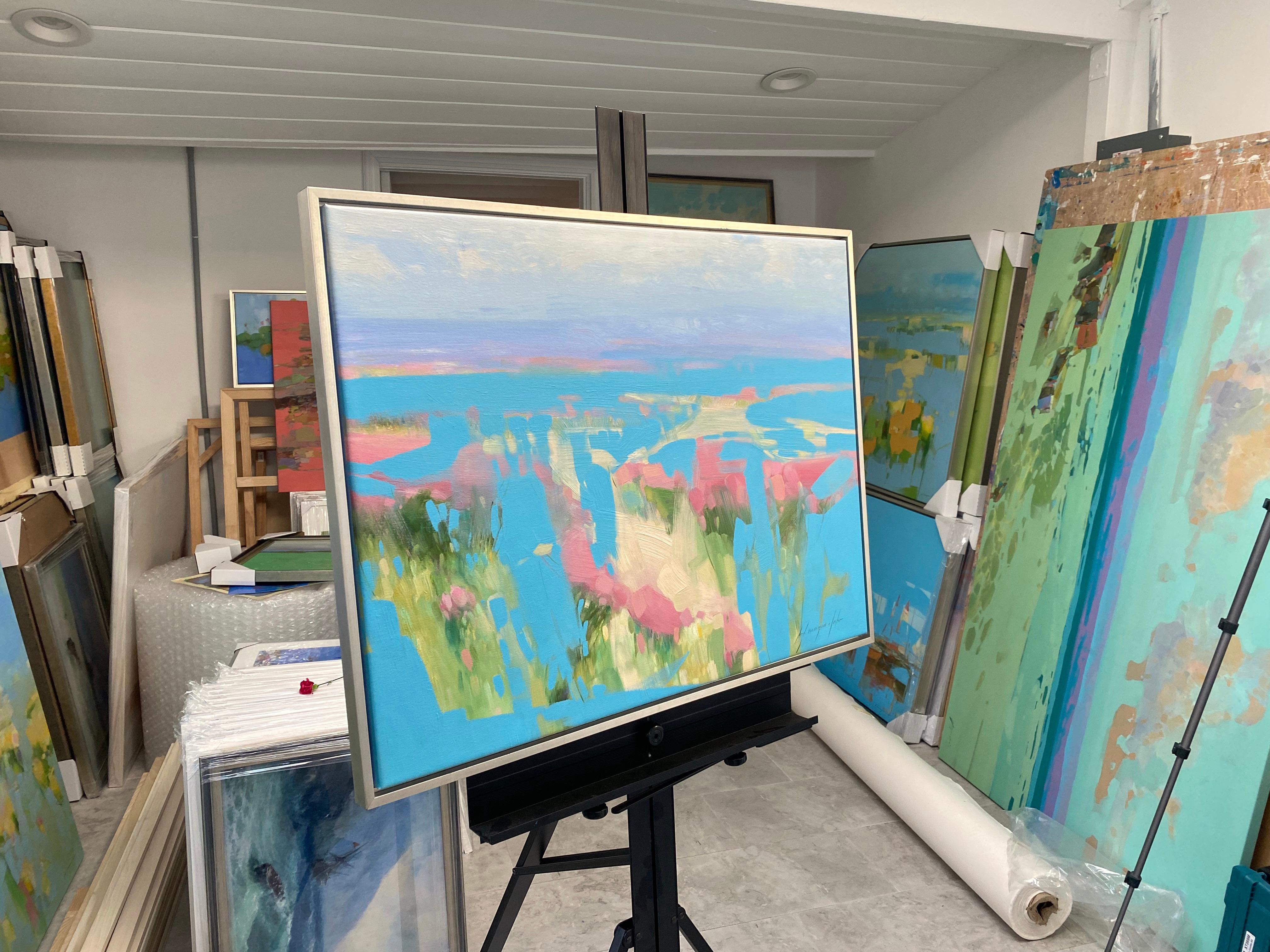 Sky Valley, Paesaggio astratto, Pittura ad olio originale, pronta da appendere - Landscape Painting Grigio di Vahe Yeremyan
