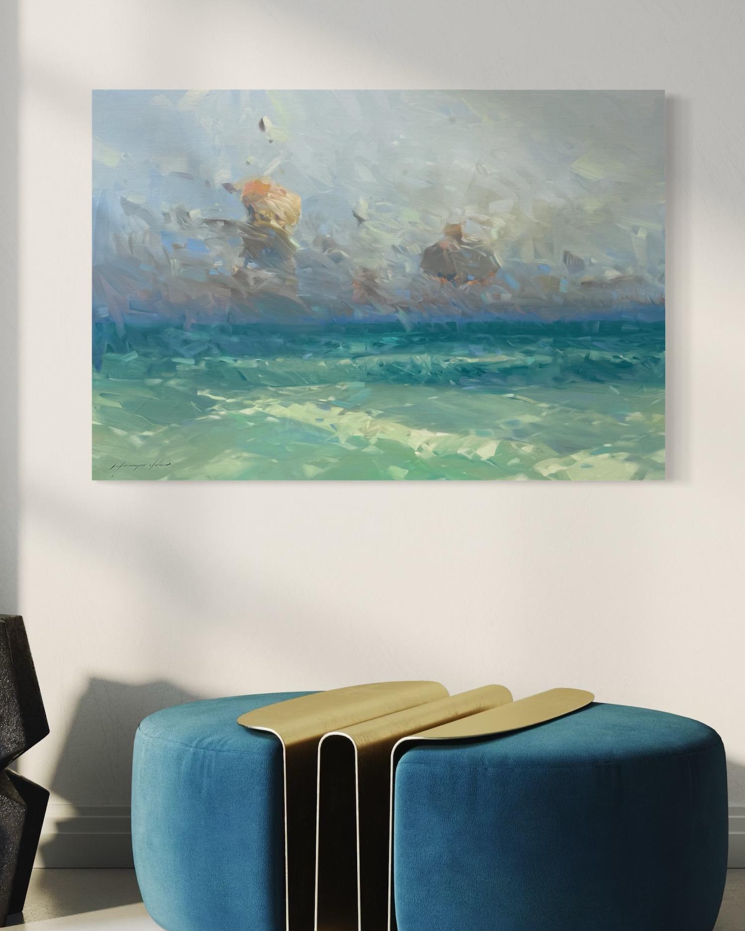 South Bay Seascape Impresionismo Pintura al óleo original Lista para colgar - Landscape Painting Gris de Vahe Yeremyan