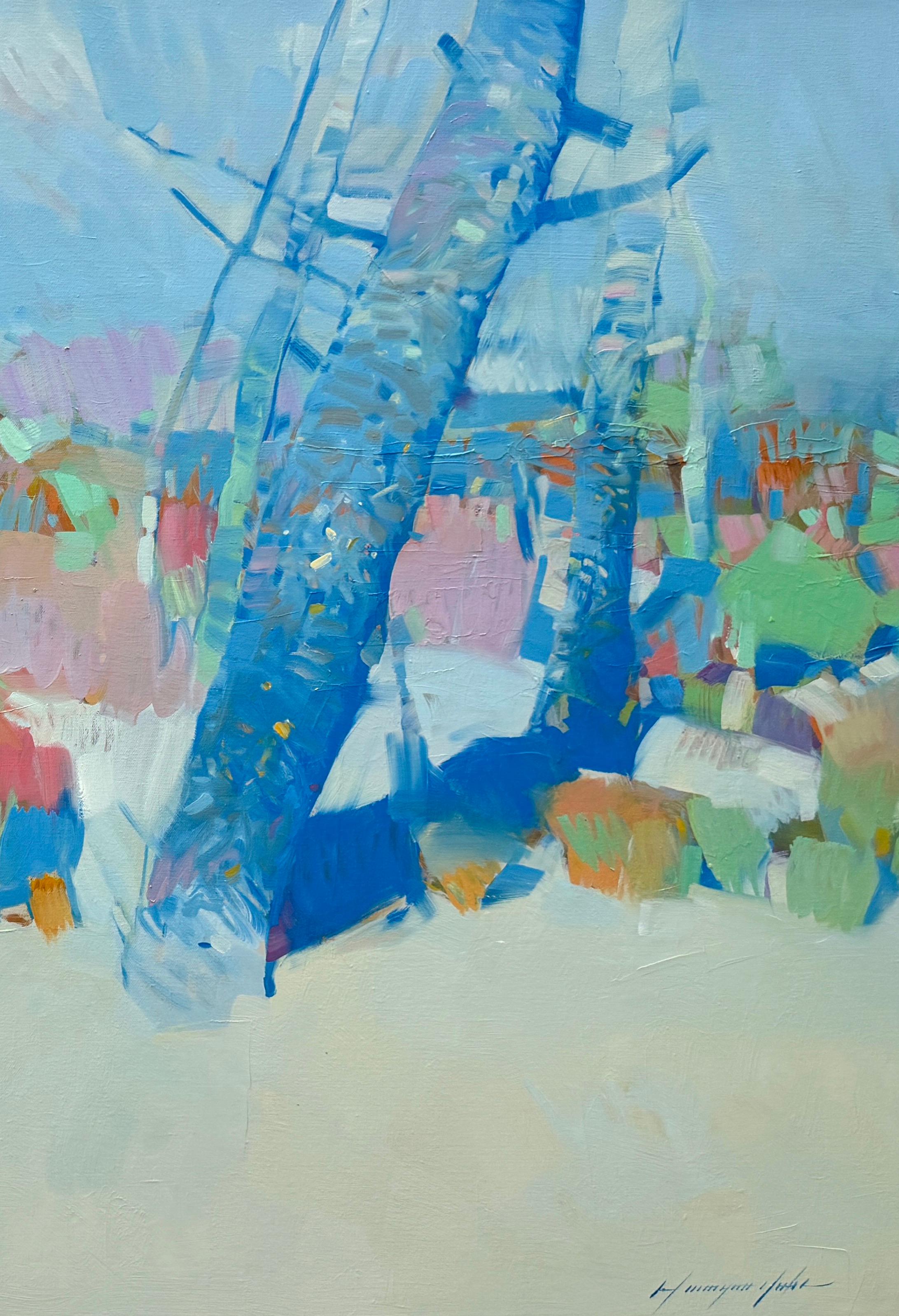Alberi di primavera, Paesaggio Impressionismo Pittura ad olio originale, pronta da appendere - Landscape Painting Blu di Vahe Yeremyan