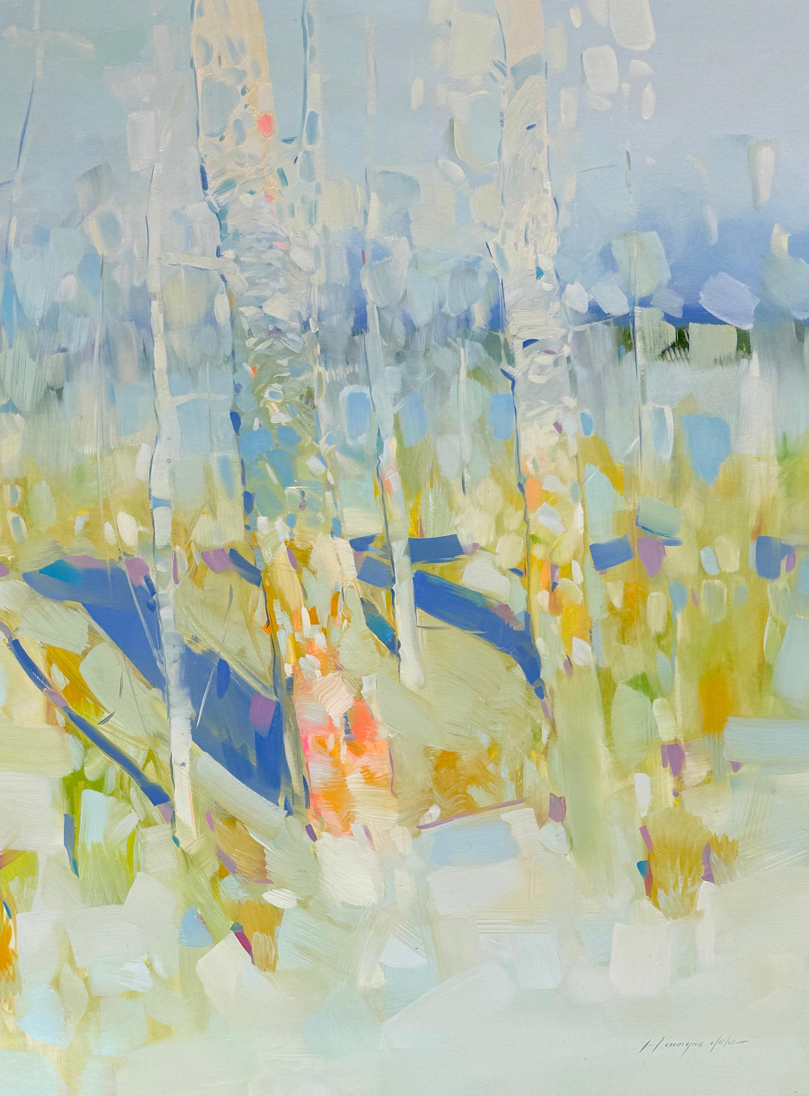 Alberi di primavera Paesaggio Impressionismo Pittura ad olio originale, pronta da appendere - Landscape Painting Grigio di Vahe Yeremyan