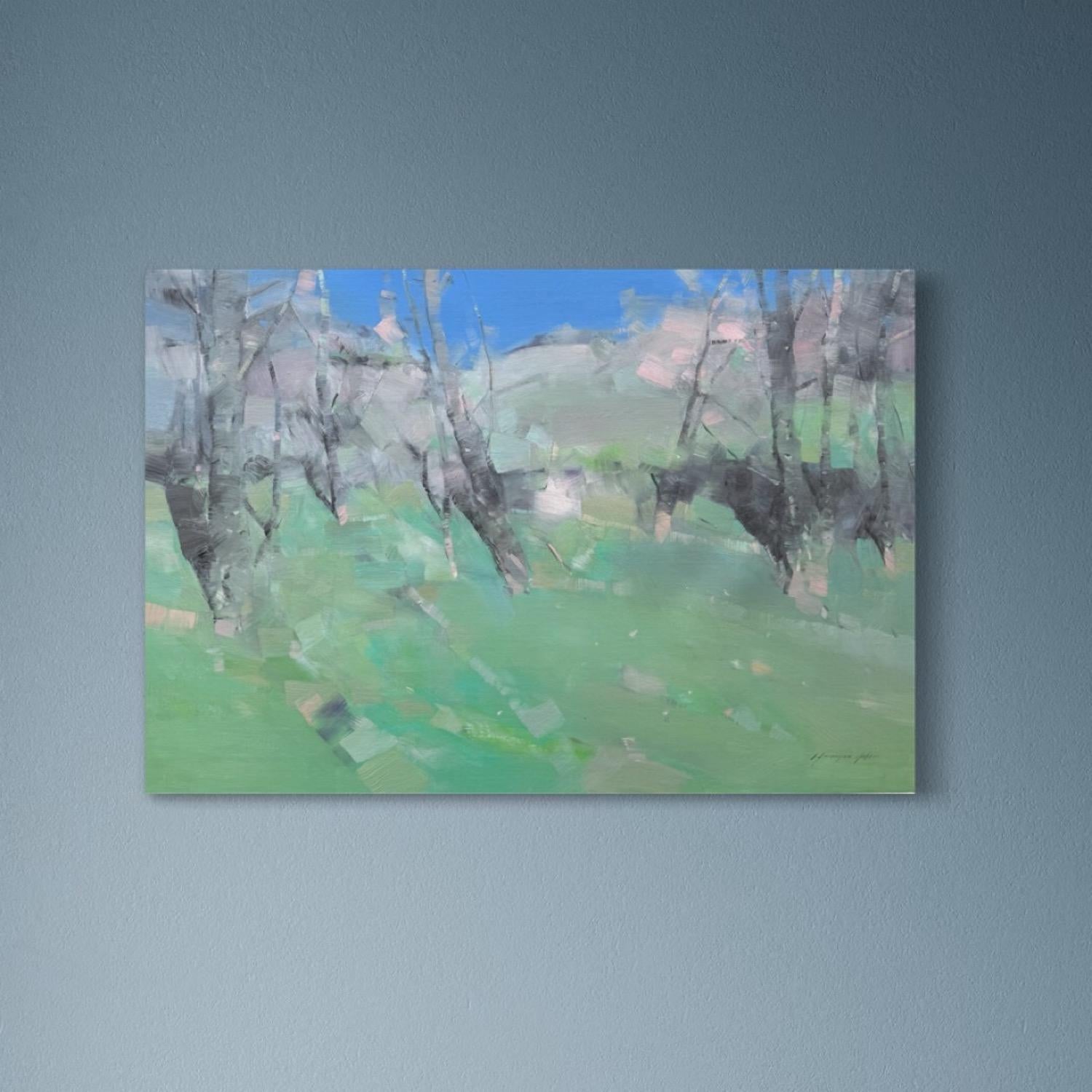 Paesaggio di alberi primaverili Pittura ad olio originale, pronta da appendere - Painting di Vahe Yeremyan