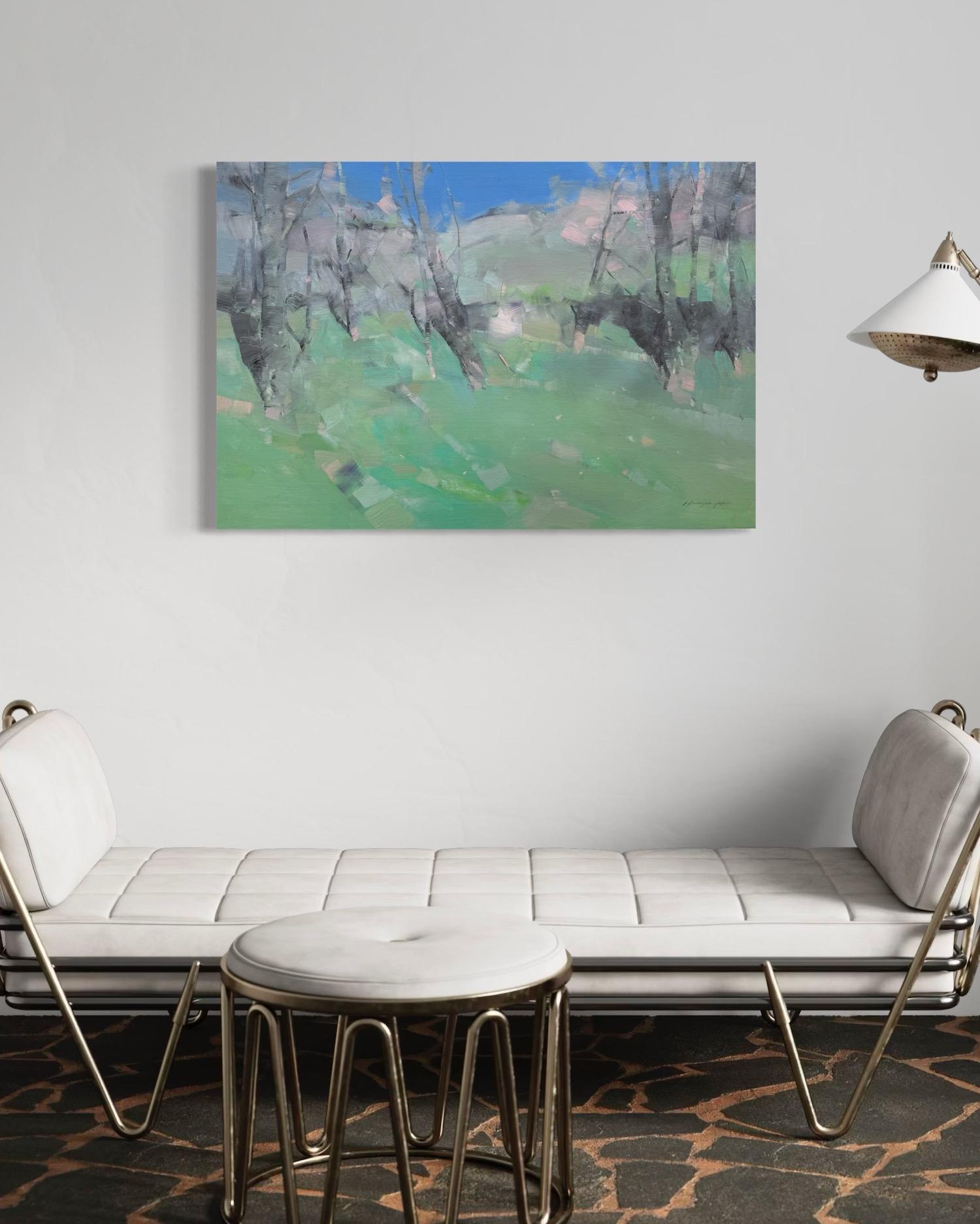 Paesaggio di alberi primaverili Pittura ad olio originale, pronta da appendere - Landscape Painting Grigio di Vahe Yeremyan
