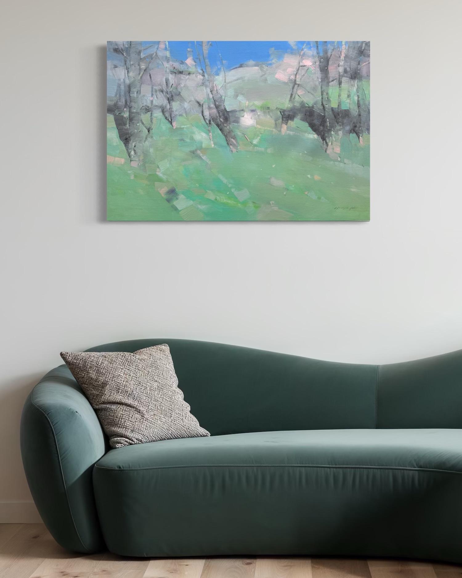 Paesaggio di alberi primaverili Pittura ad olio originale, pronta da appendere in vendita 1