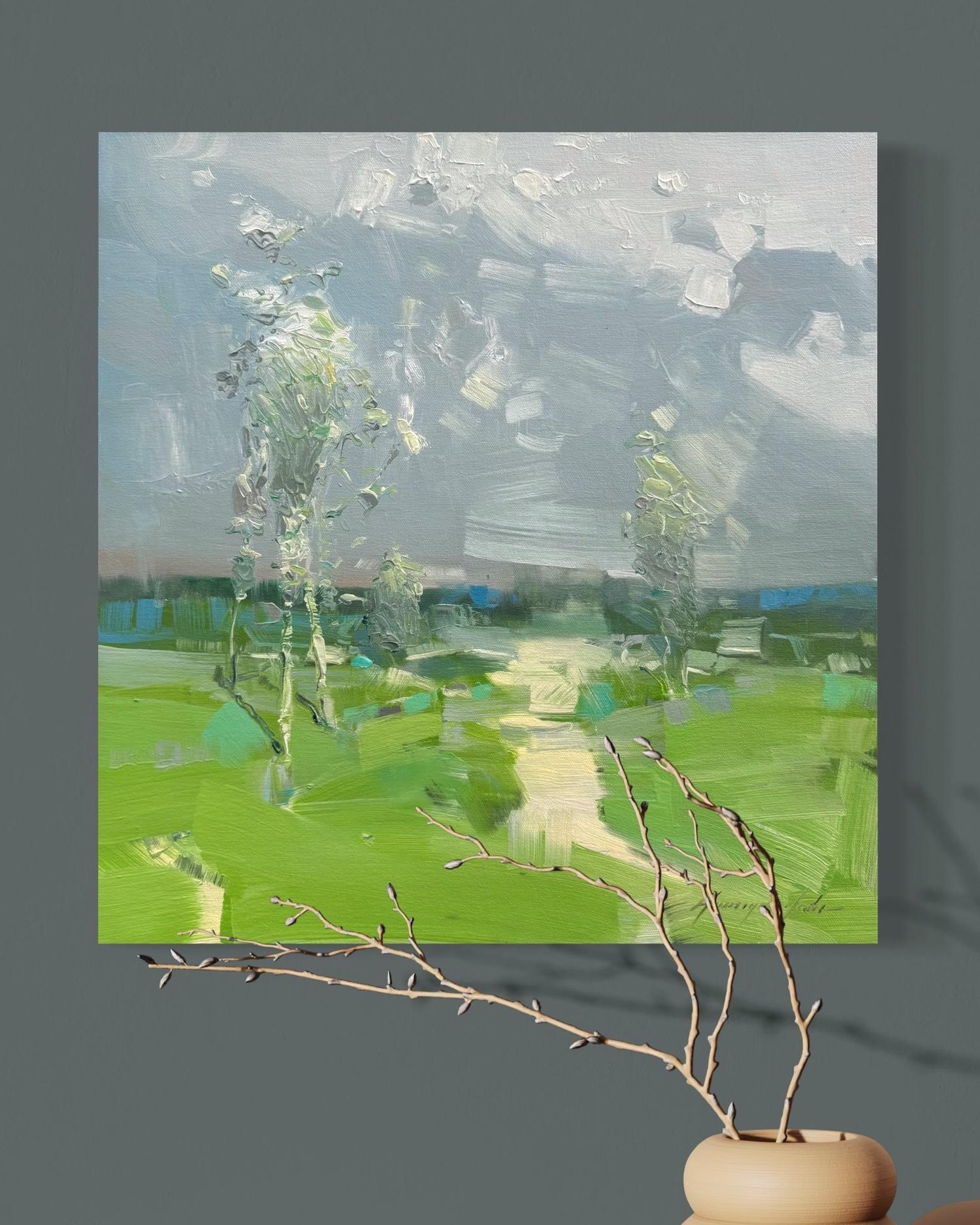 Stiller Regen Landschaft Impressionismus Original Ölgemälde Aufhängefertig – Painting von Vahe Yeremyan