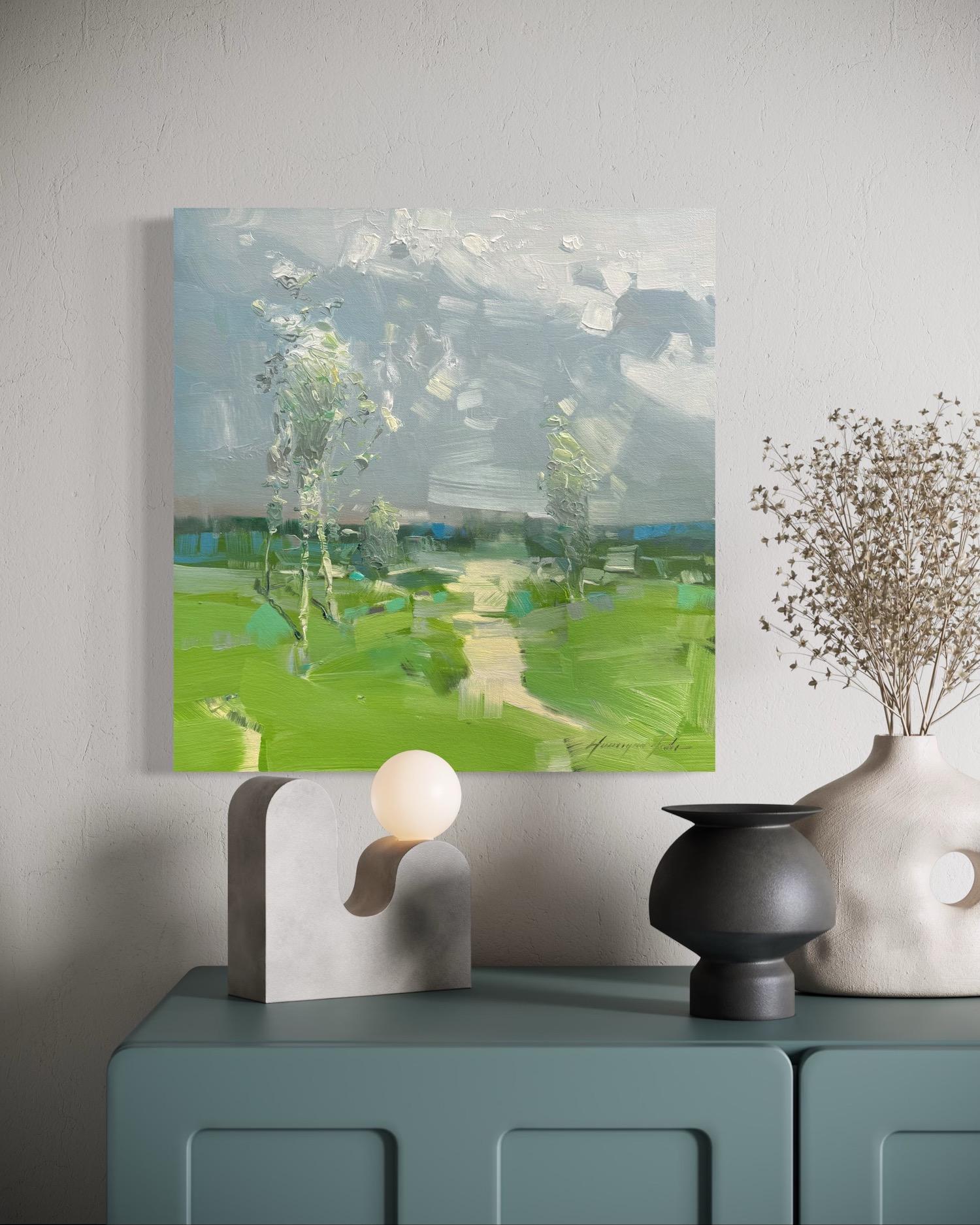 Stiller Regen Landschaft Impressionismus Original Ölgemälde Aufhängefertig (Grau), Landscape Painting, von Vahe Yeremyan