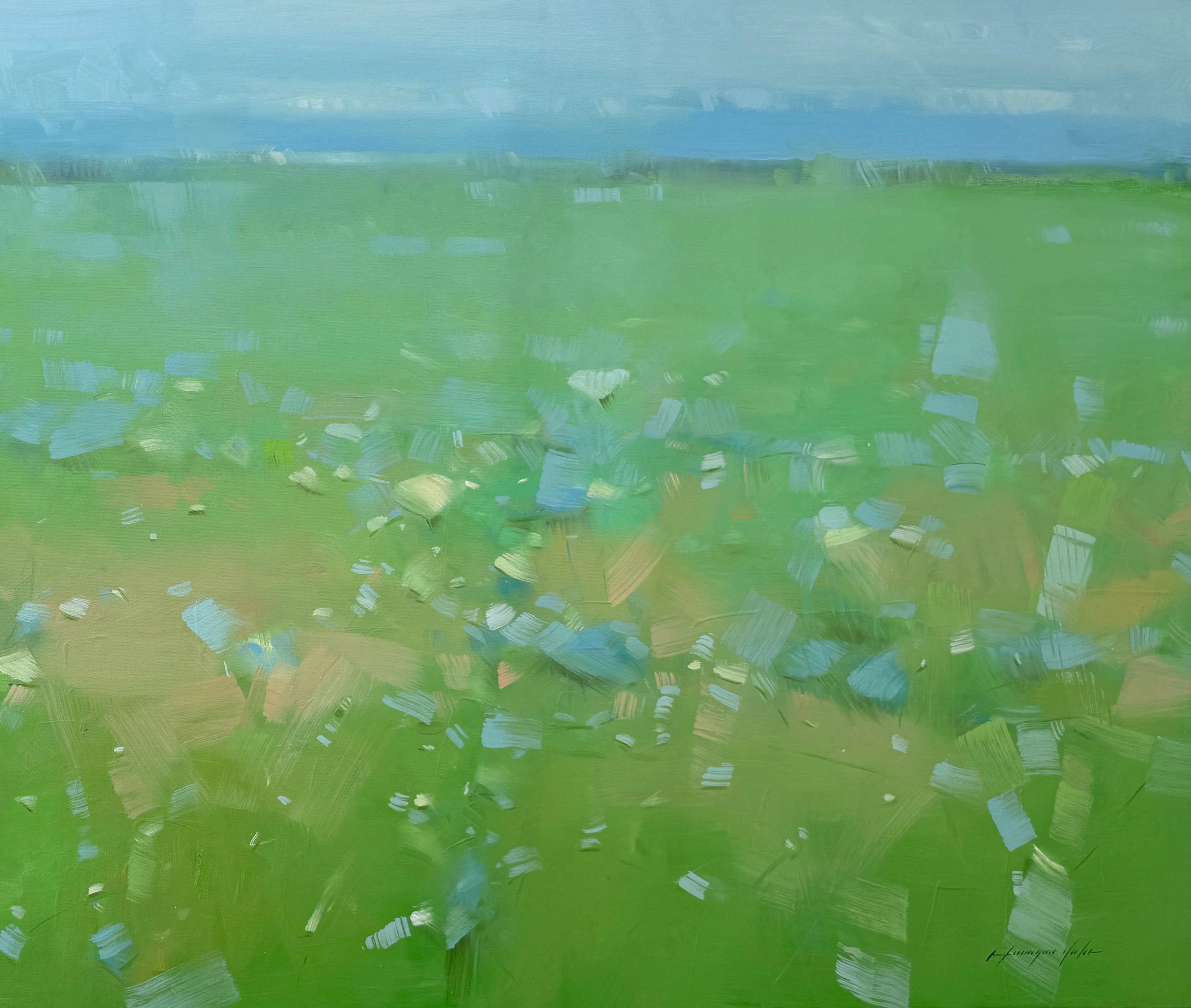 Campo de verano, Paisaje Impresionismo Pintura al óleo original, Lista para colgar - Painting Impresionista de Vahe Yeremyan