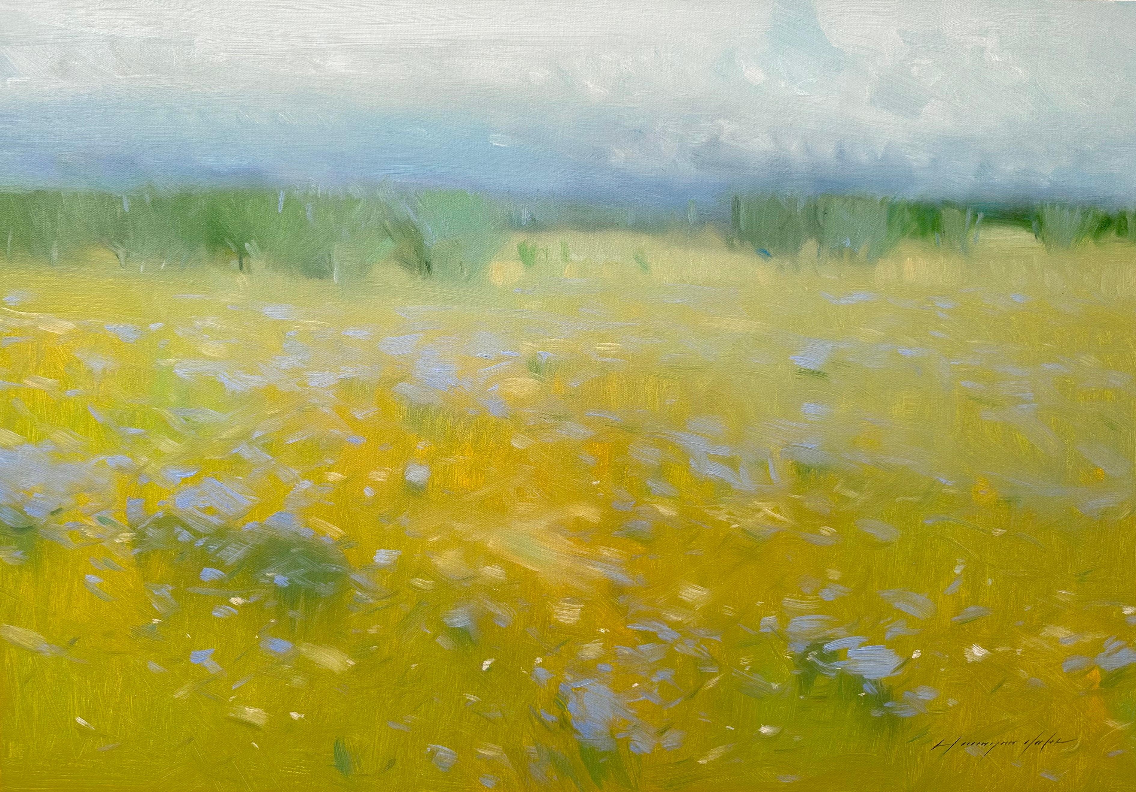 Vahe Yeremyan Landscape Painting – Sommerfeld,  Impressionismus, Original-Ölgemälde in Öl, hängefertig