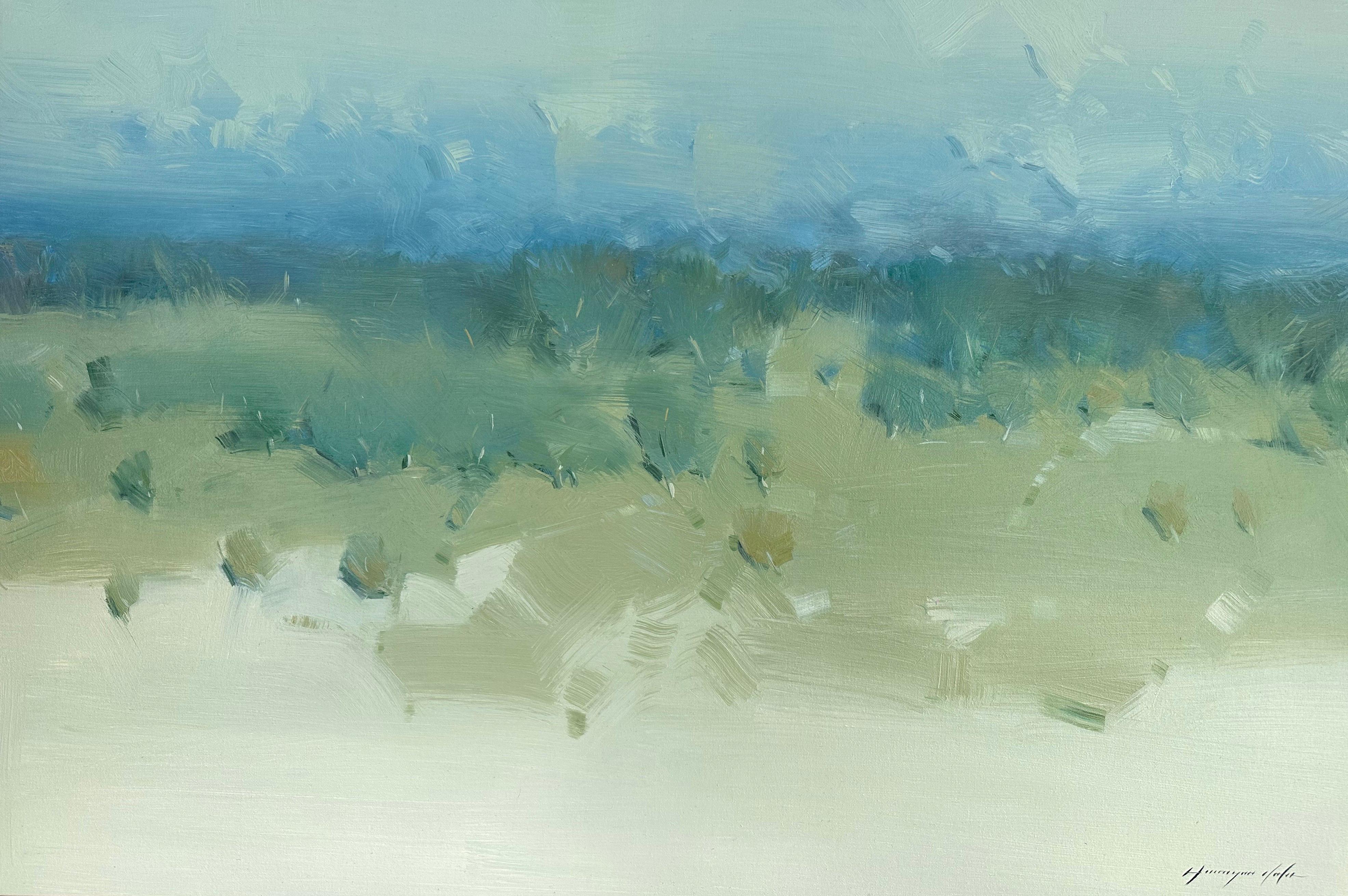 Peinture à l'huile originale Summer Meadow, prête à être accrochée - Gris Abstract Painting par Vahe Yeremyan