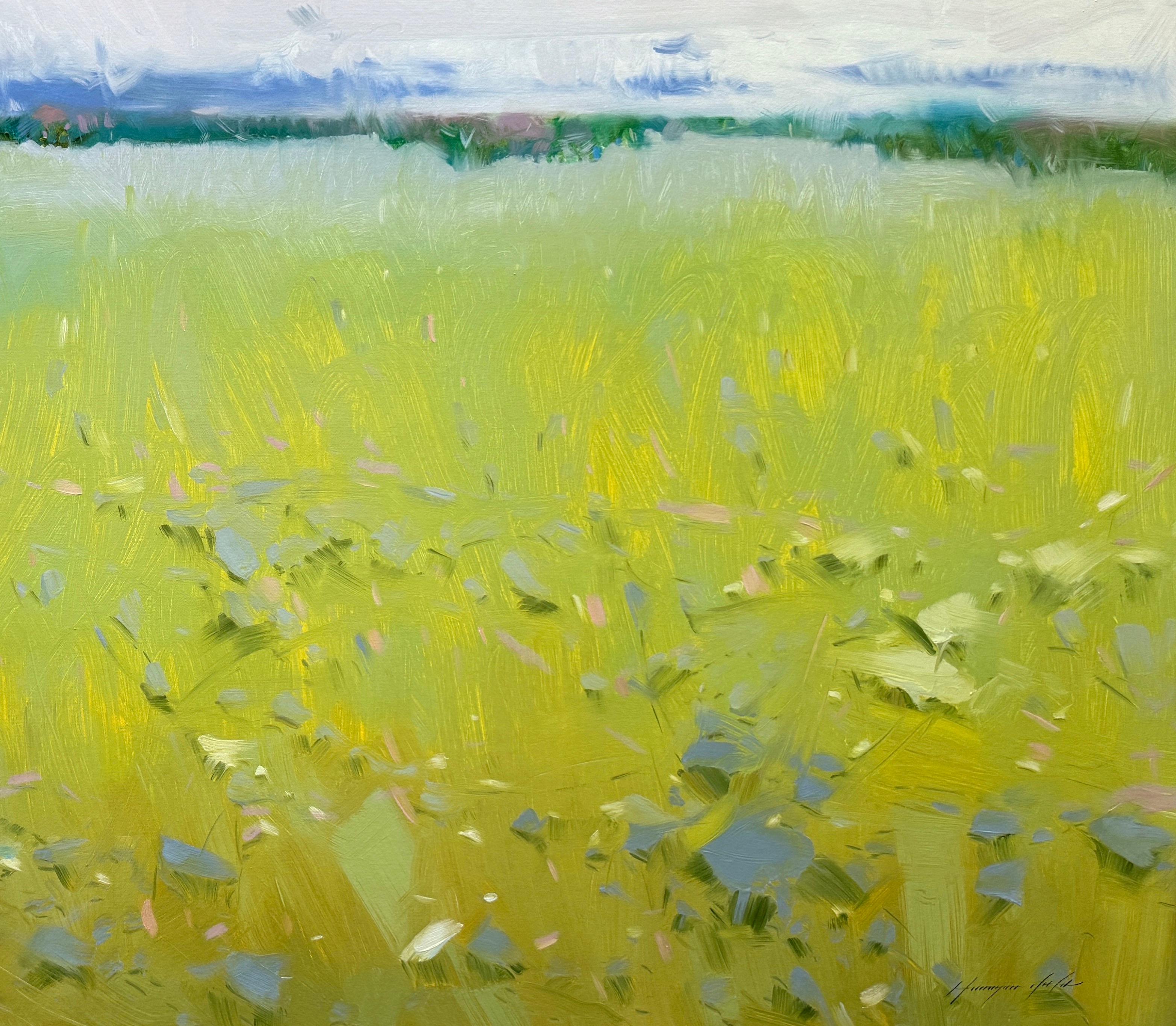 Stagione estiva, Paesaggio, Pittura ad olio originale, Pronta da appendere, Impressionismo - Landscape Painting Verde di Vahe Yeremyan