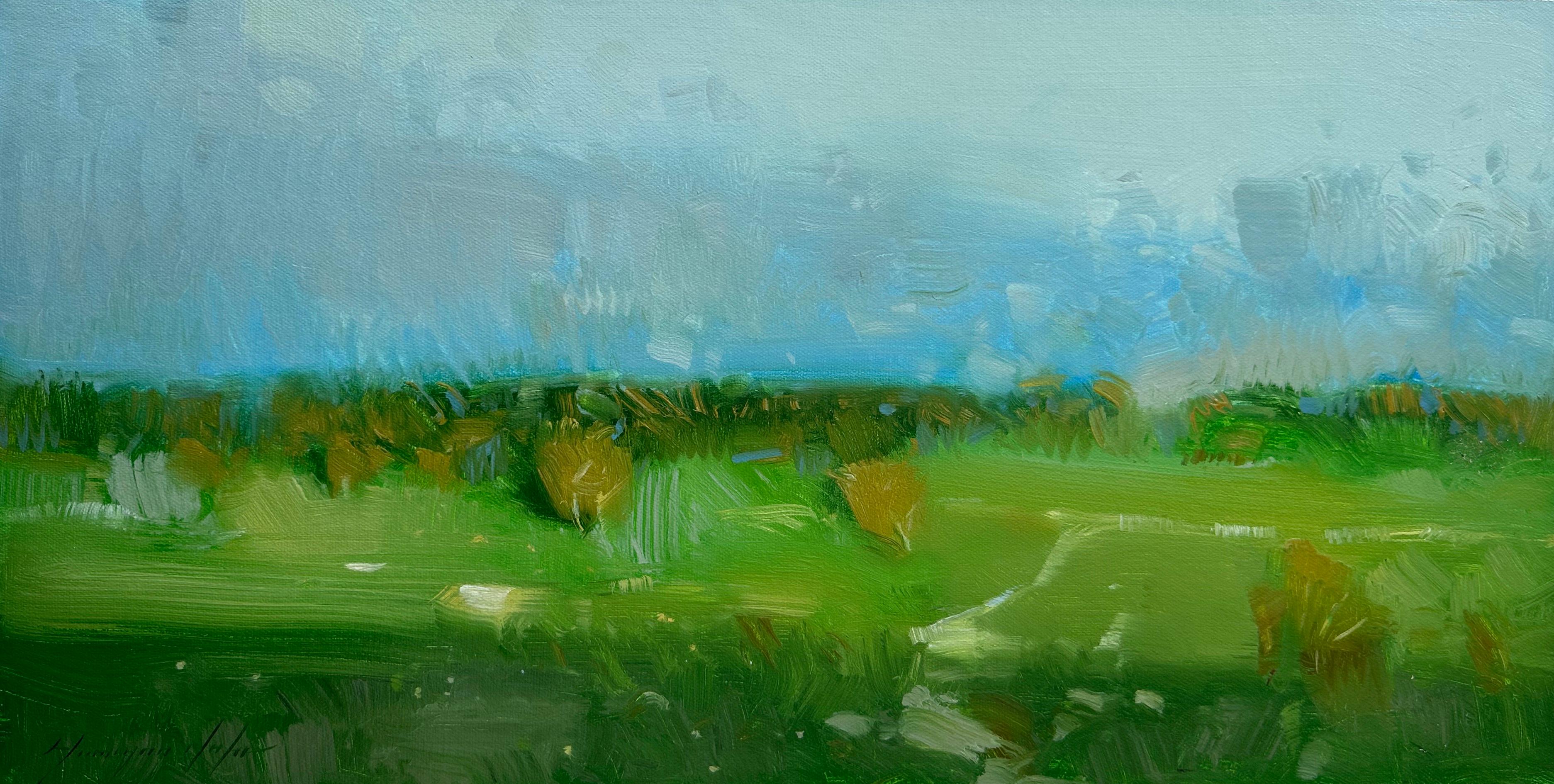 Sommerschirme, Landschaft, Original-Ölgemälde in Öl, hängefertig