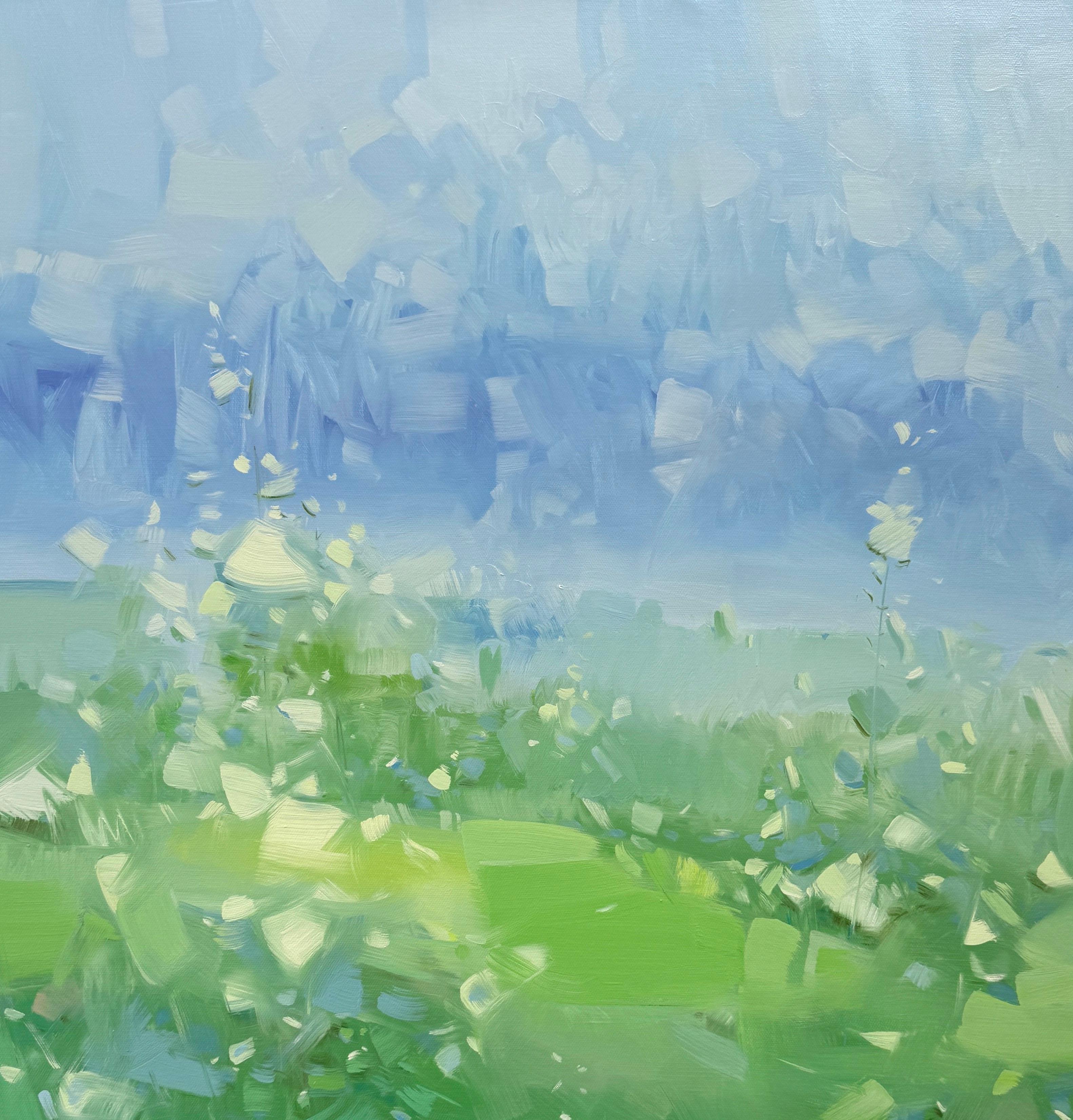 Summer Valley, Impressionismo Pittura ad olio originale, pronta da appendere - Landscape Painting Blu di Vahe Yeremyan