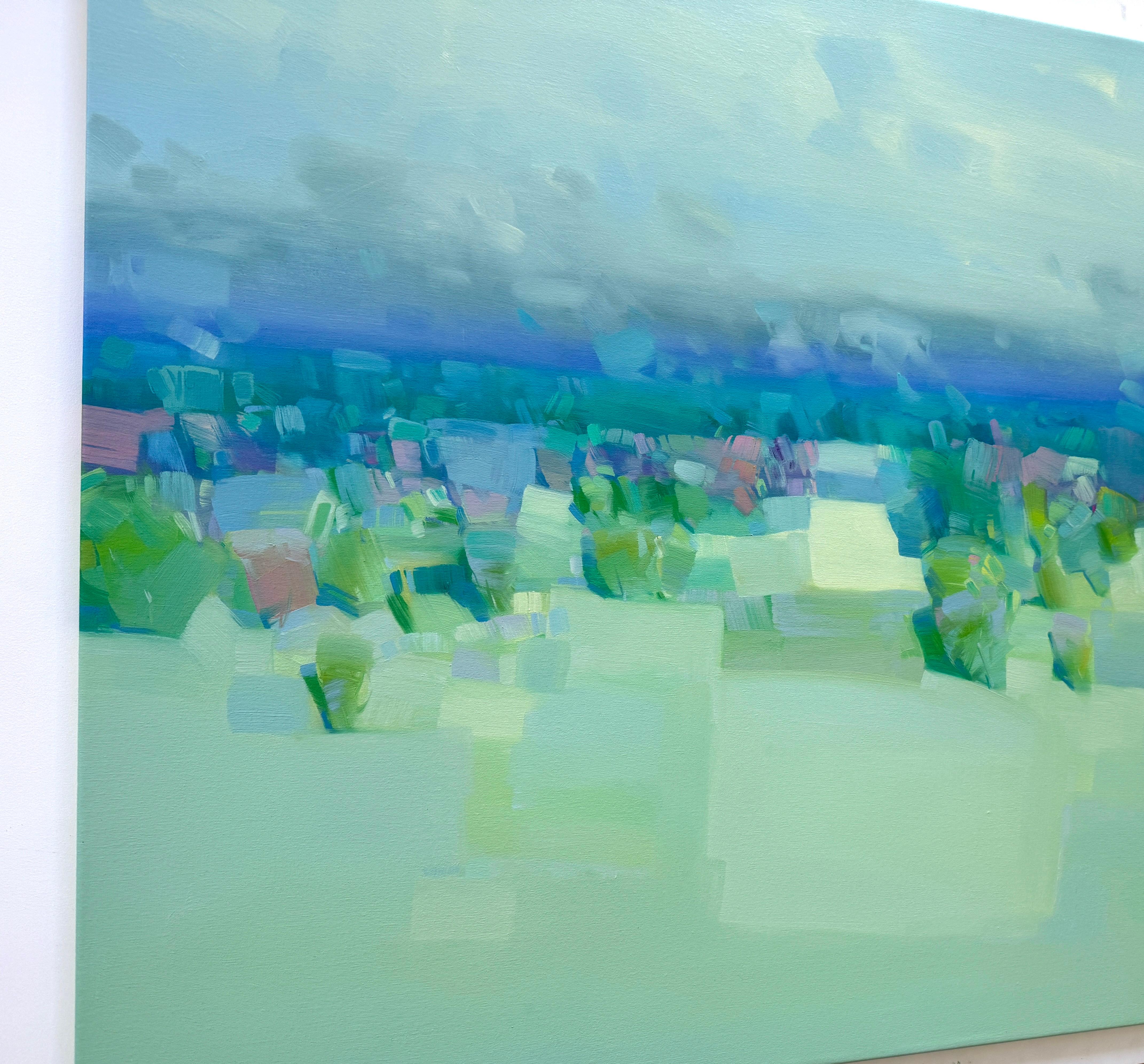 Valle de verano, Paisaje Impresionismo Pintura al óleo original, Lista para colgar - Landscape Painting Azul de Vahe Yeremyan