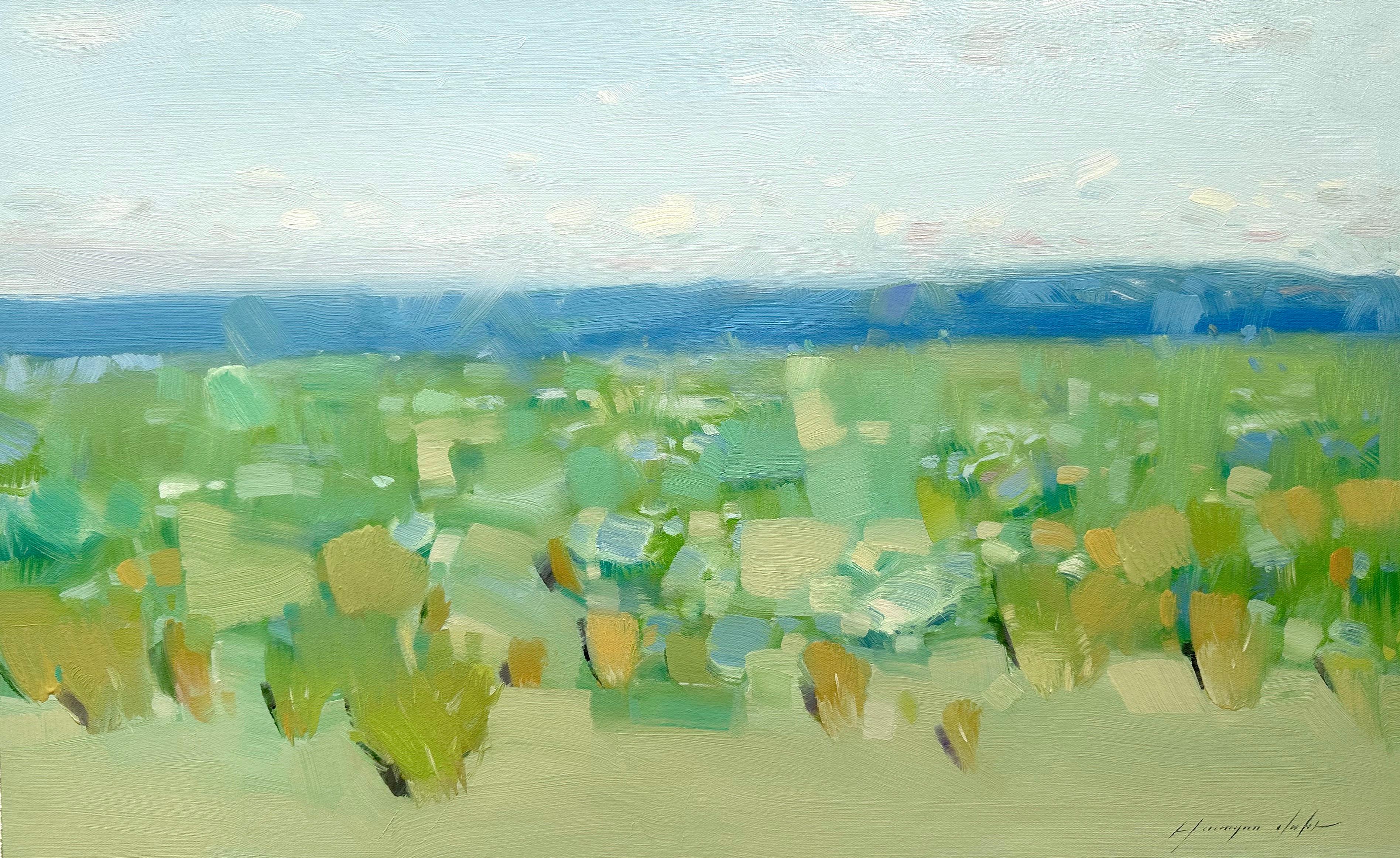 Valle d'estate, Paesaggio impressionista, Pittura ad olio originale, pronta da appendere