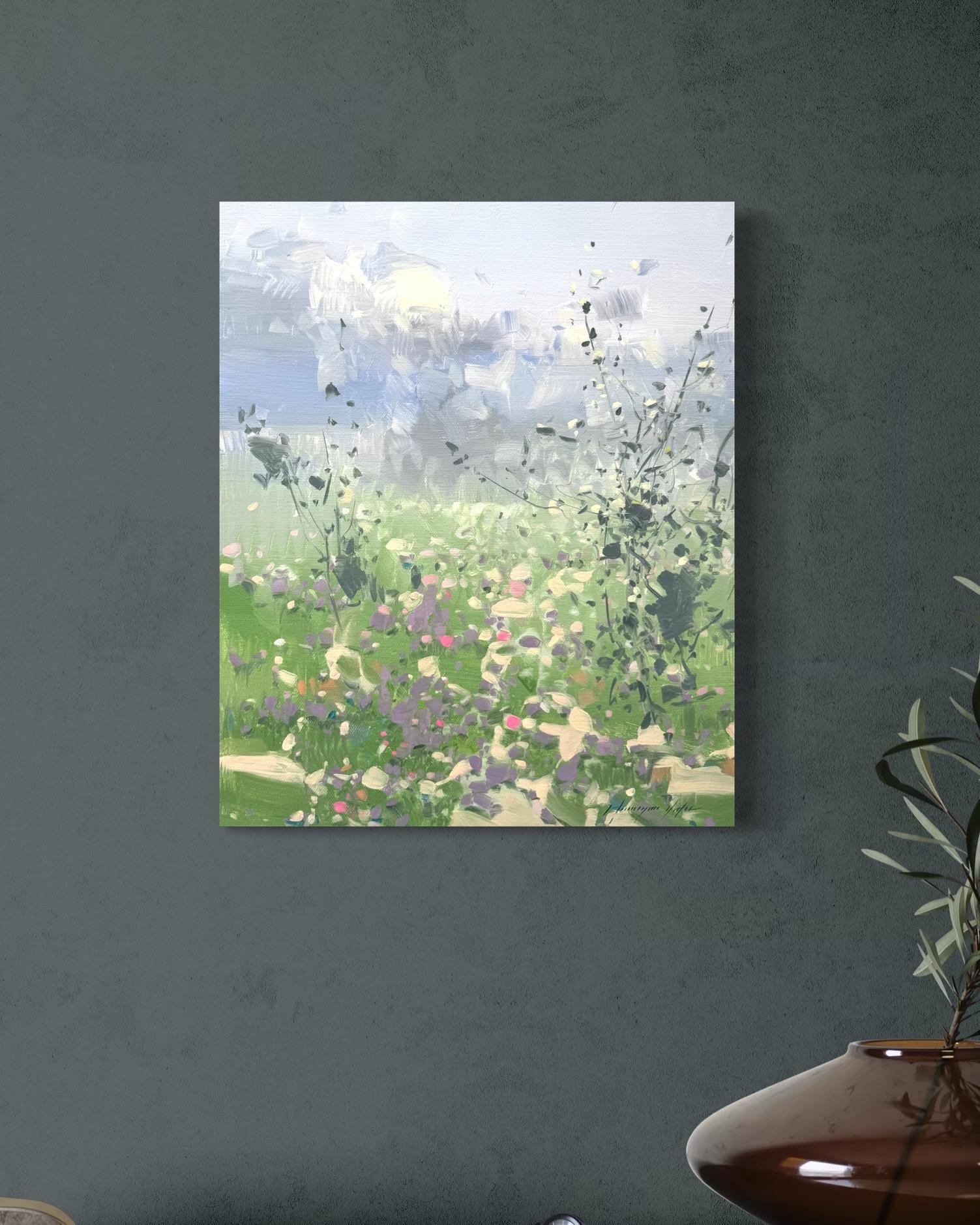 Paesaggio estivo Pittura ad olio originale, pronta da appendere - Landscape Painting Grigio di Vahe Yeremyan