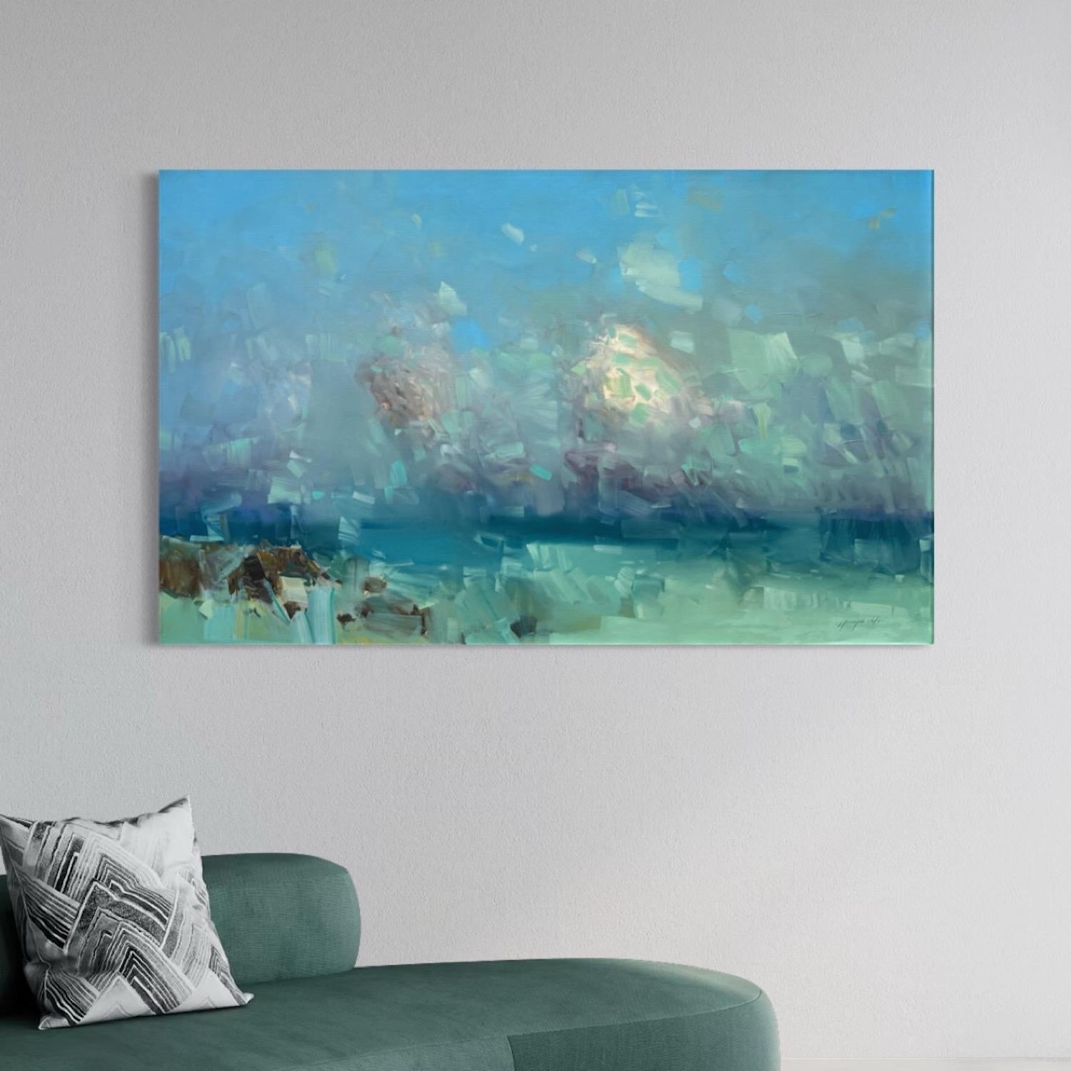 Sonnenuntergang am Meer Impressionismus Originalgemälde zum Aufhängen (Blau), Landscape Painting, von Vahe Yeremyan