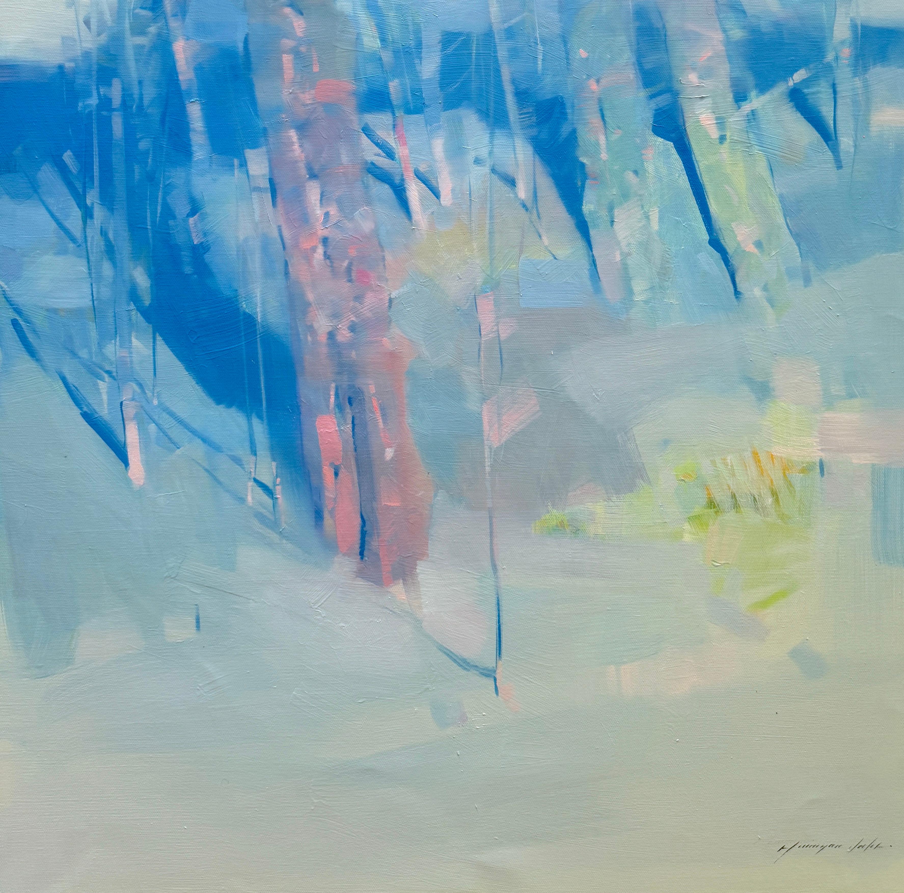 Alberi in blu, Paesaggio impressionista Pittura ad olio originale, pronta da appendere - Painting di Vahe Yeremyan