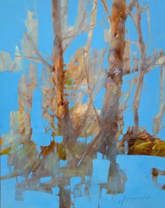 Trees in Sky, paysage abstrait, peinture à l'huile originale, prête à accrocher