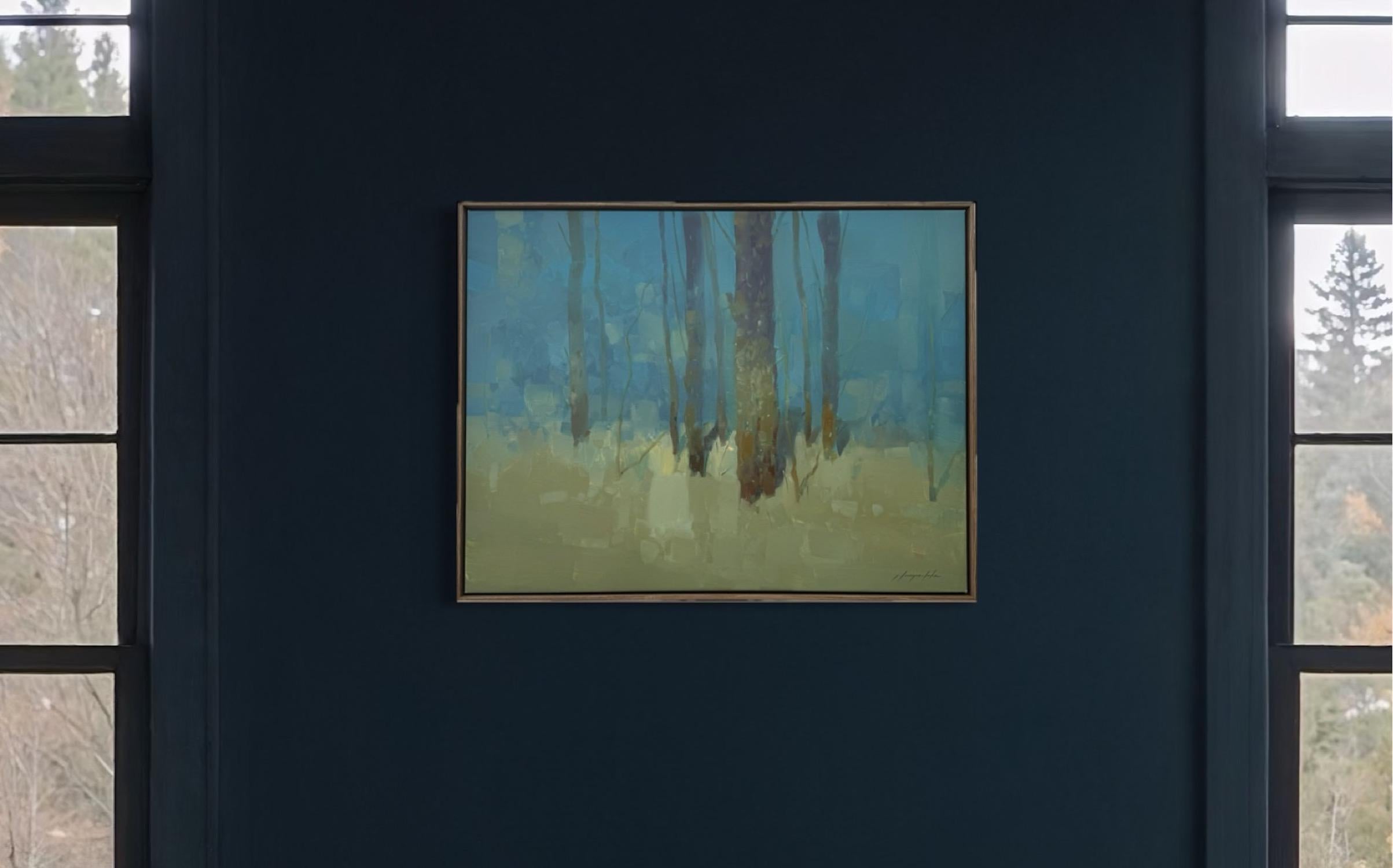 Arbres en turquoise Impressionnisme Peinture à l'huile originale prête à être accrochée - Bleu Landscape Painting par Vahe Yeremyan