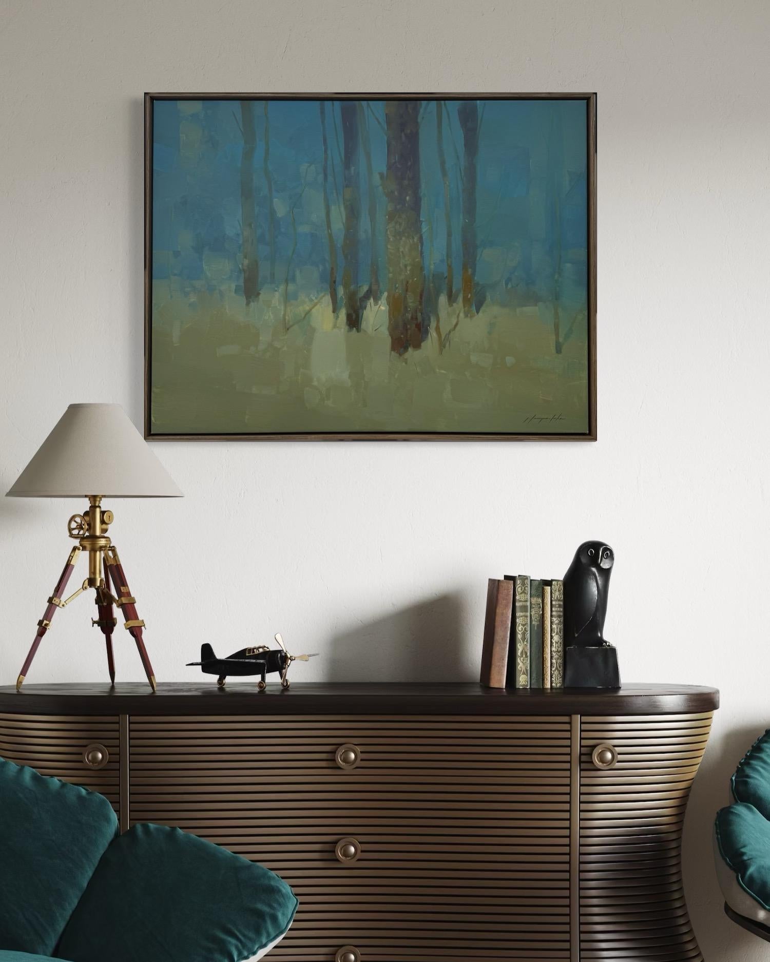 Arbres en turquoise Impressionnisme Peinture à l'huile originale prête à être accrochée en vente 1