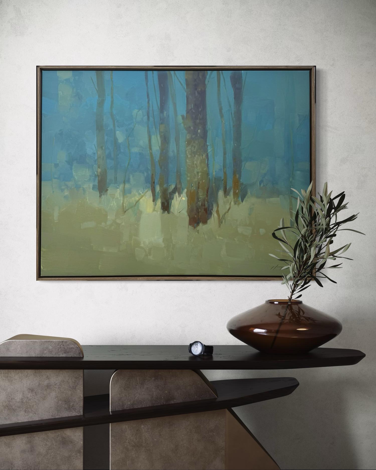 Arbres en turquoise Impressionnisme Peinture à l'huile originale prête à être accrochée en vente 2
