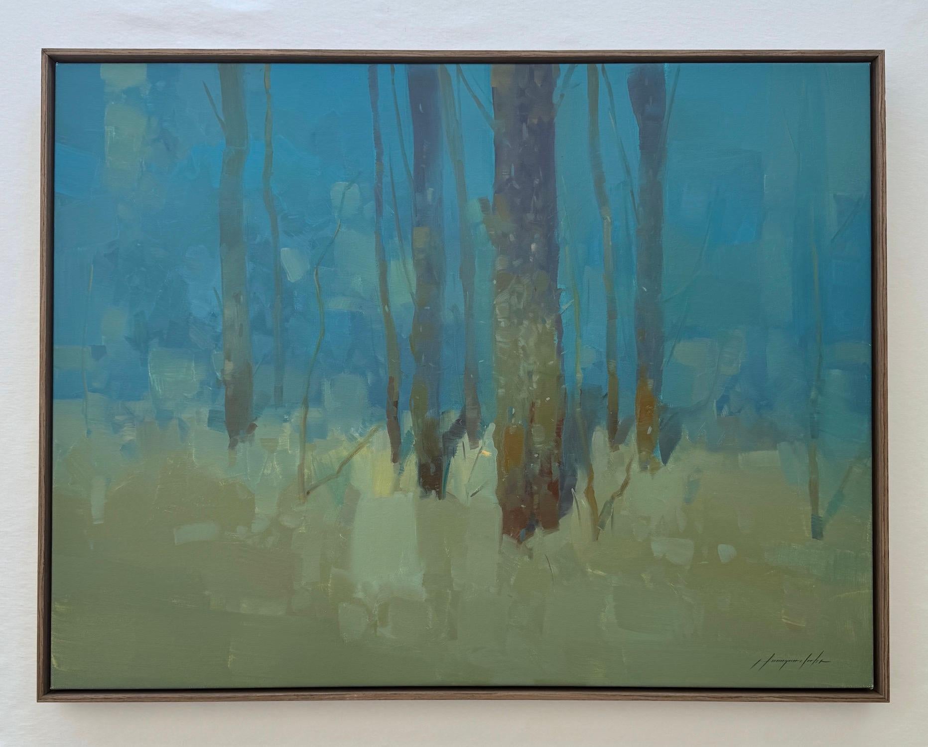 Arbres en turquoise Impressionnisme Peinture à l'huile originale prête à être accrochée en vente 3