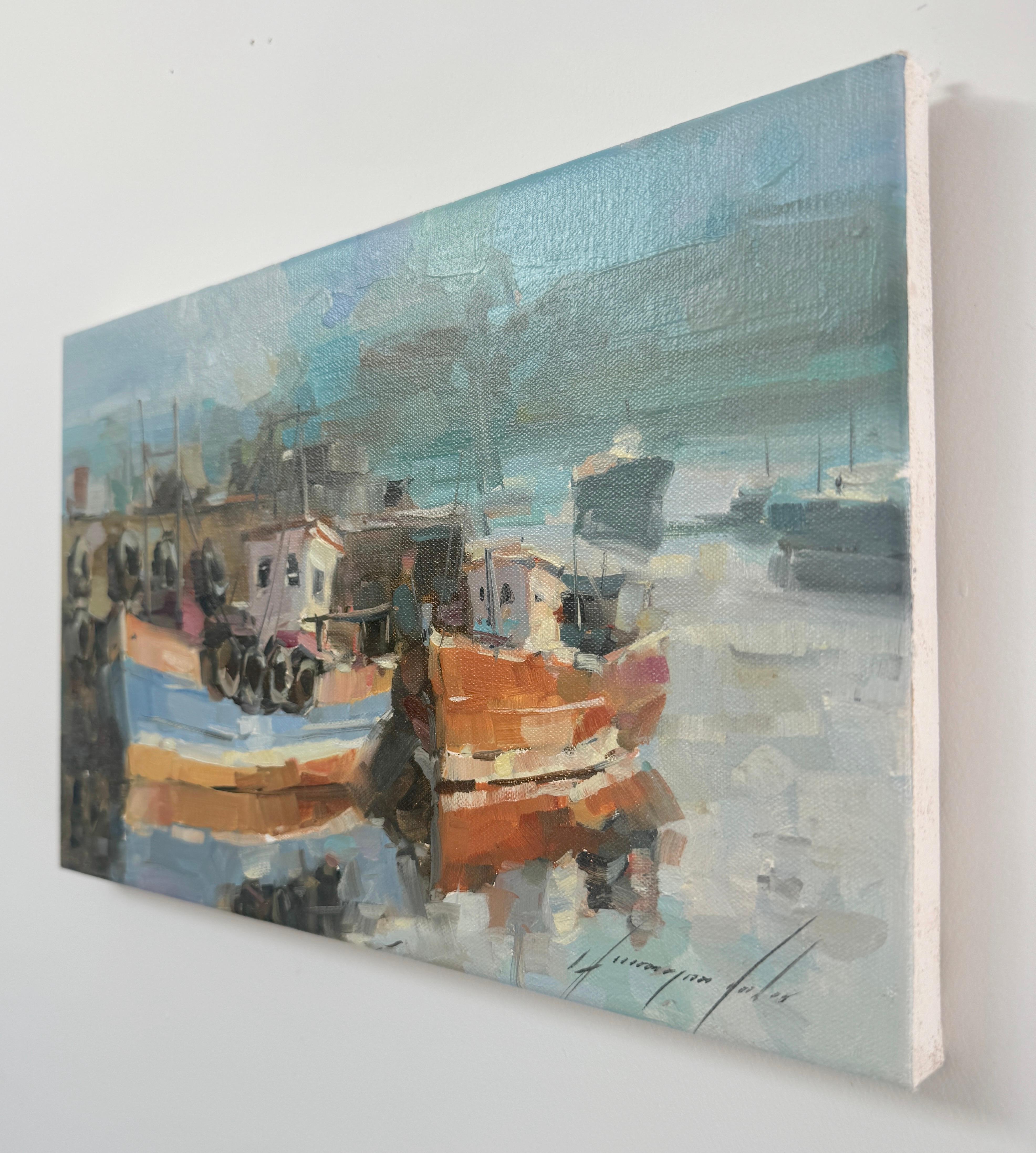 Rimorchiatori, porto paesaggio marino costiero Impressionismo Pittura ad olio originale, pronta da appendere - Painting di Vahe Yeremyan
