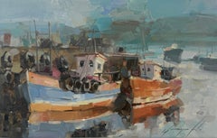 Tugs, harbor seascape coastal Impressionism Original oil Painting, Ready to Hang