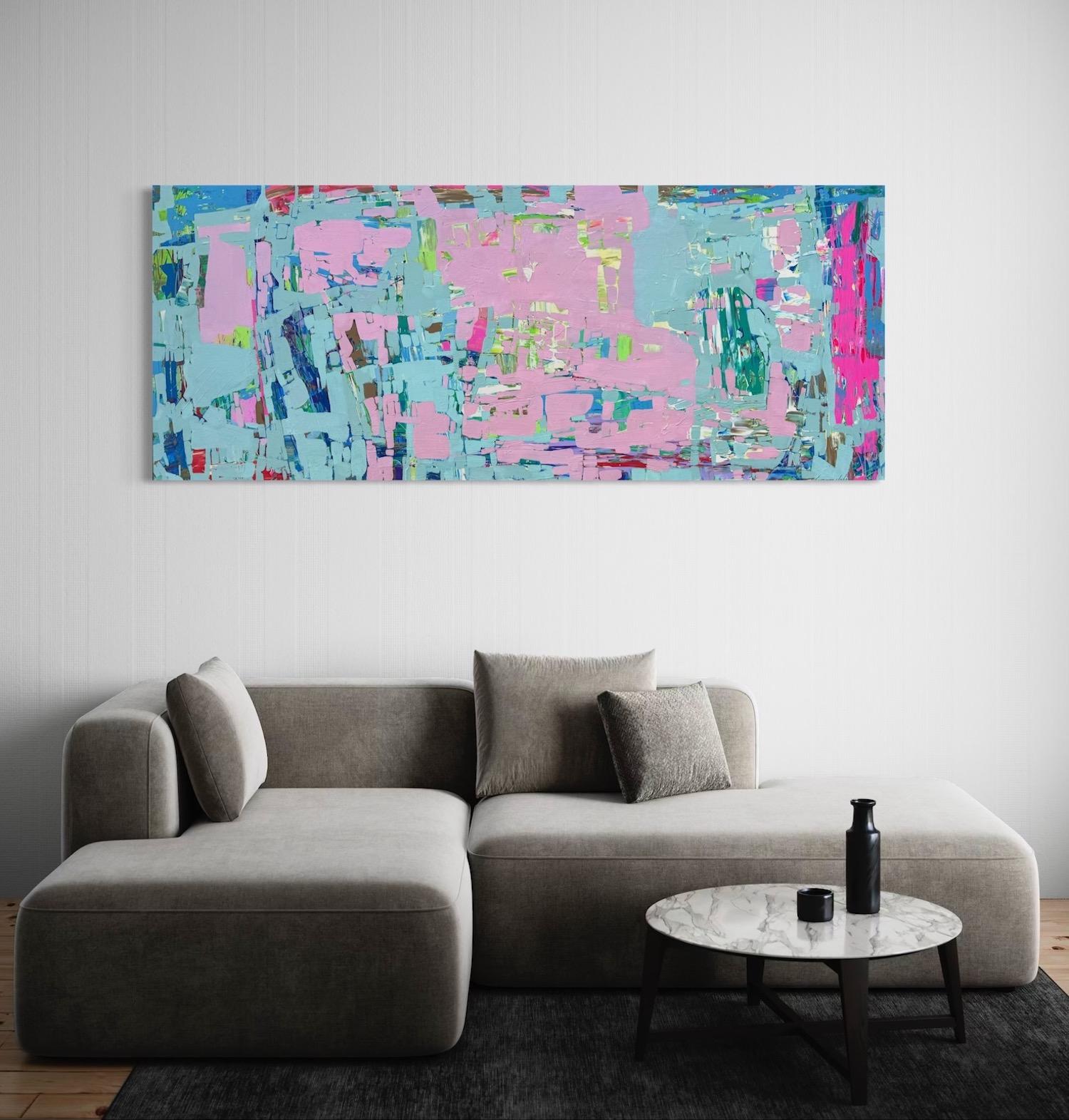 Turquoise Drift, Abstraktes Originalgemälde zum Aufhängen (Grau), Abstract Painting, von Vahe Yeremyan